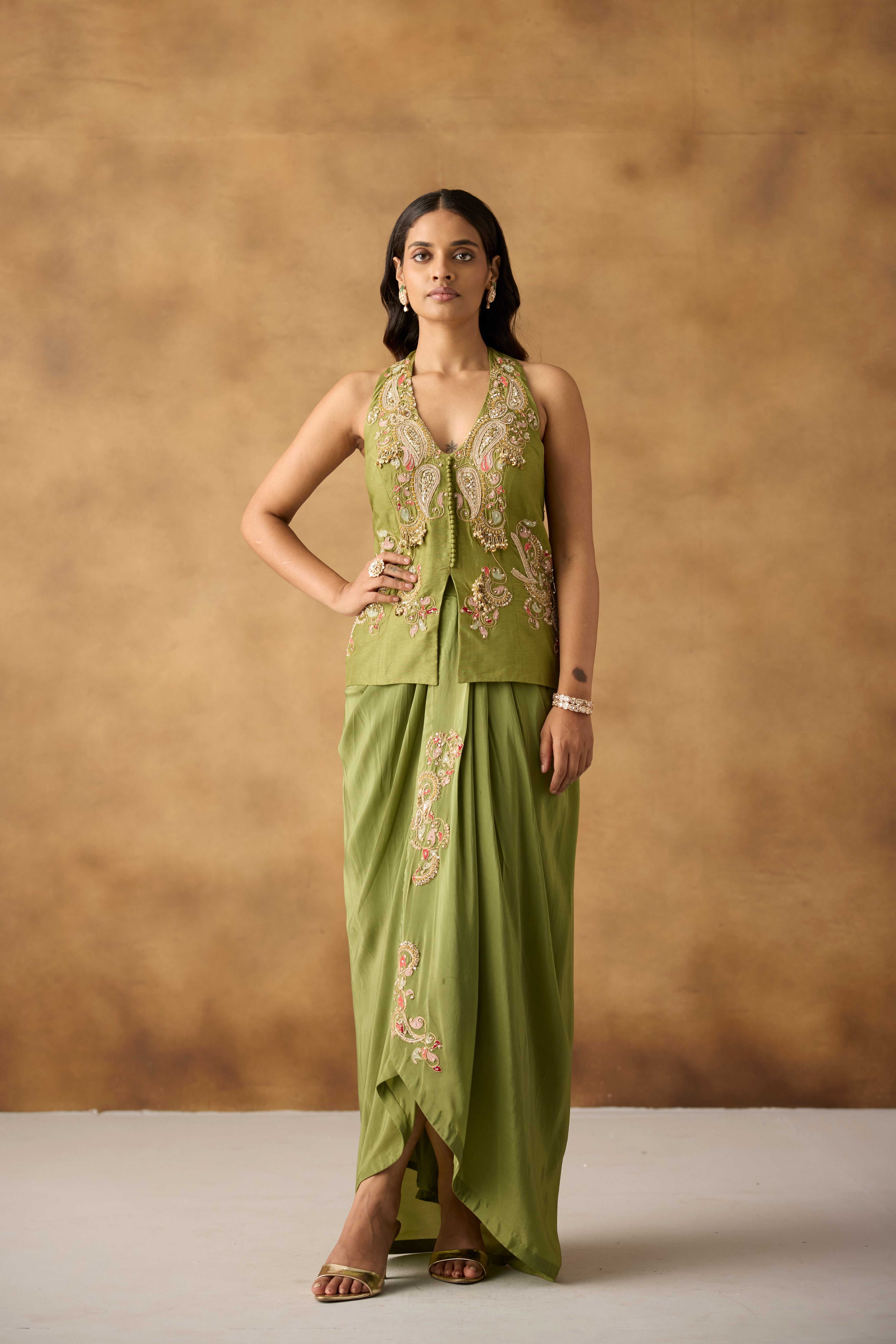 Fern Green Embellished Crepe Satin Silk Skirt Set