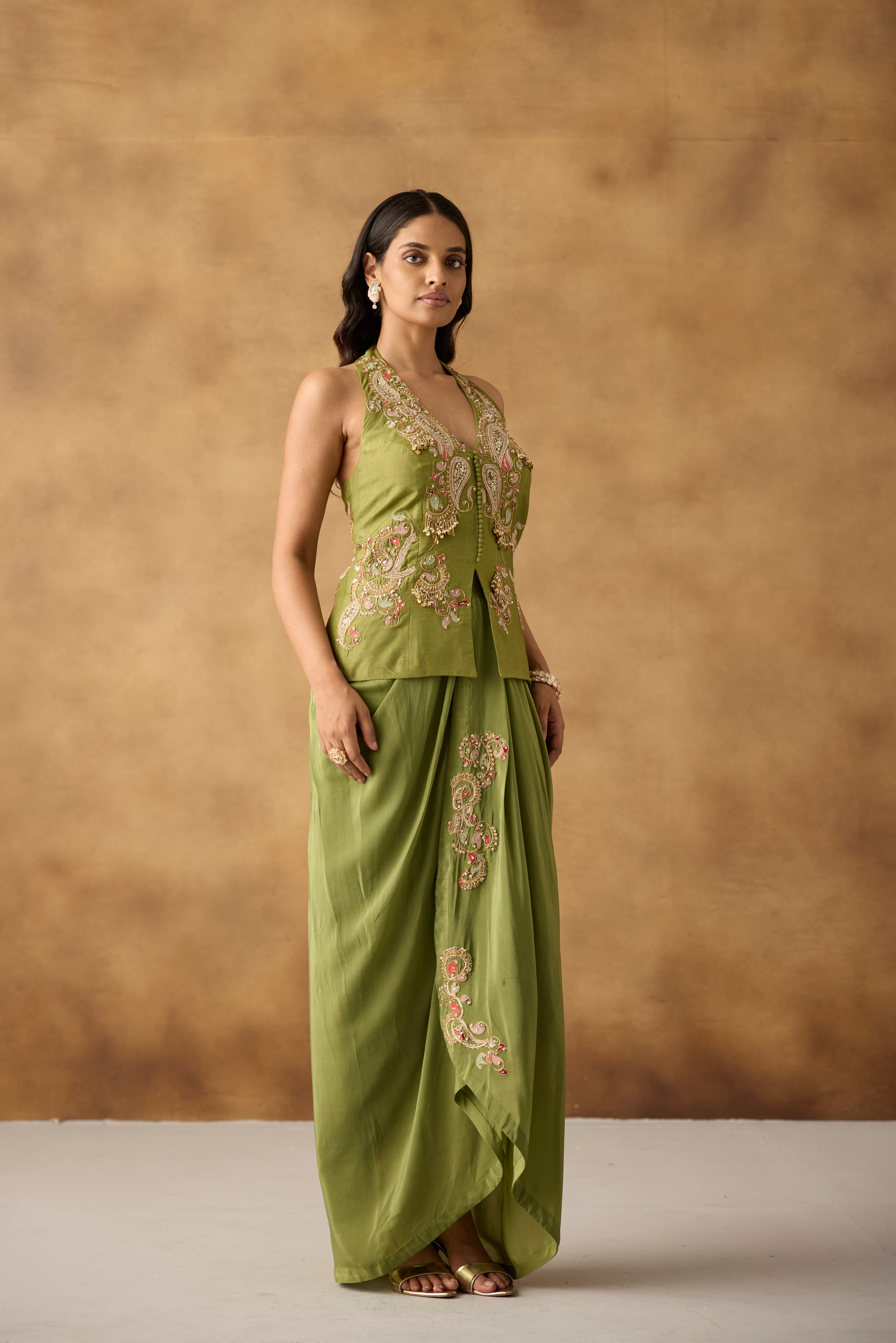 Fern Green Embellished Crepe Satin Silk Skirt Set