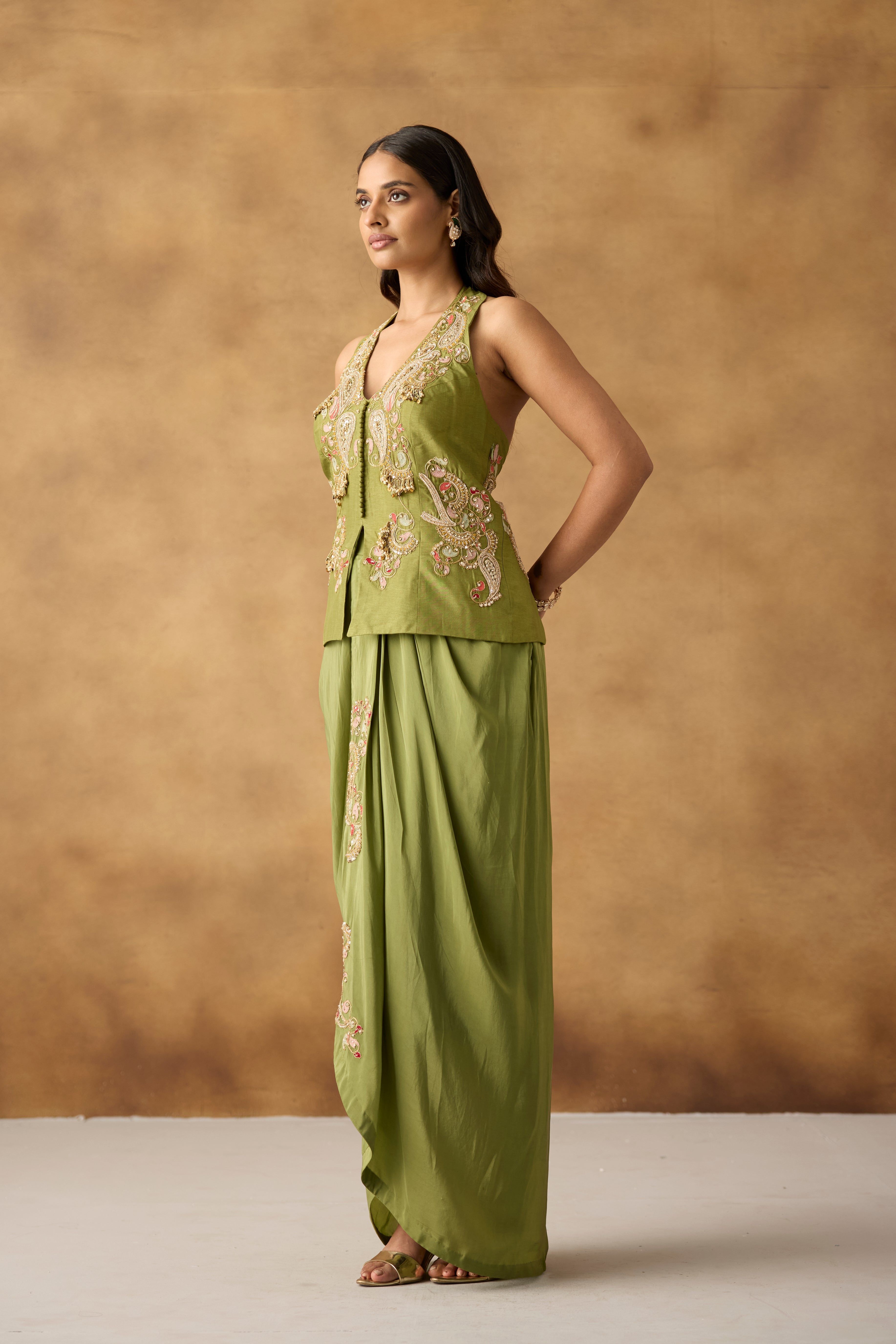Fern Green Embellished Crepe Satin Silk Skirt Set