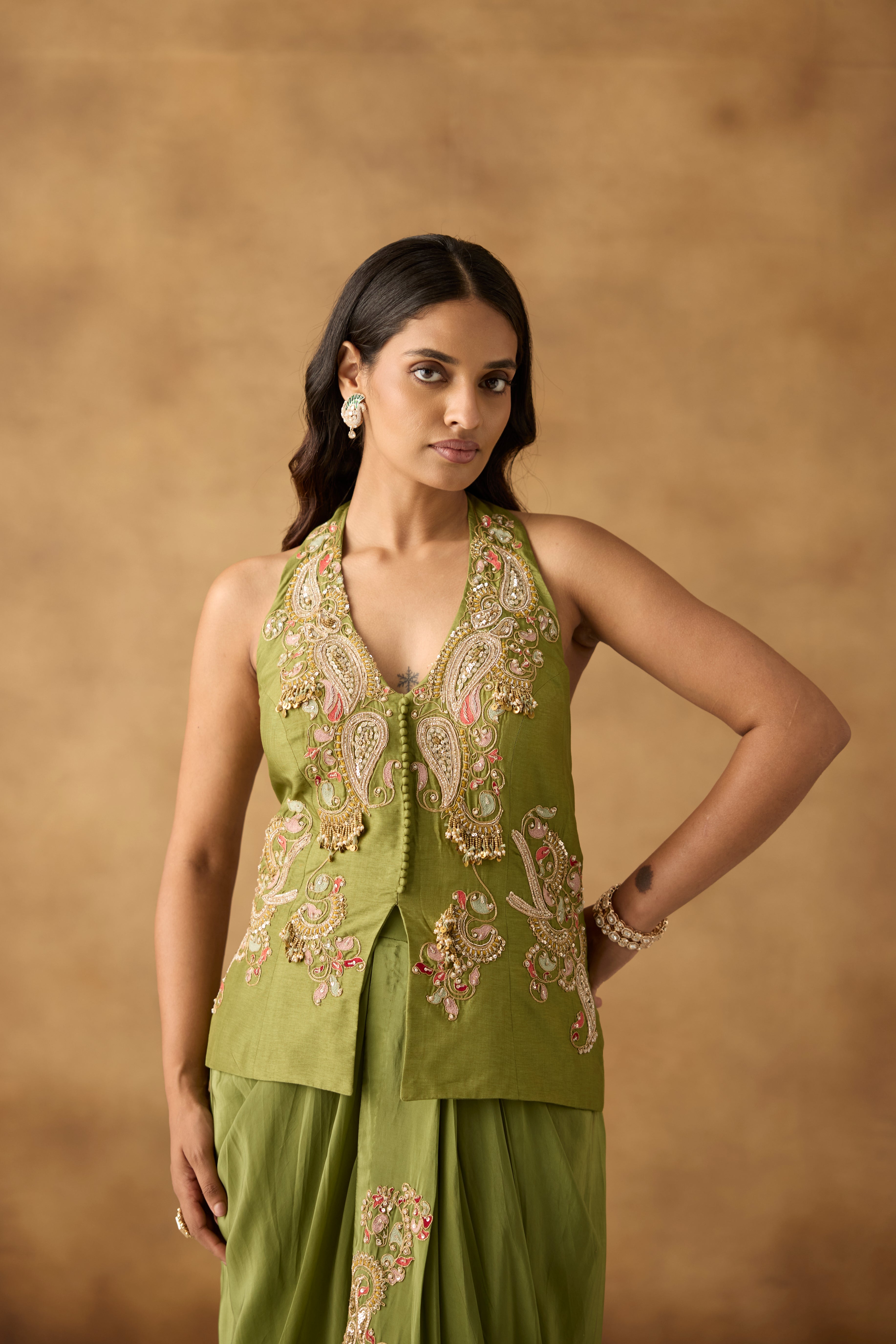 Fern Green Embellished Crepe Satin Silk Skirt Set