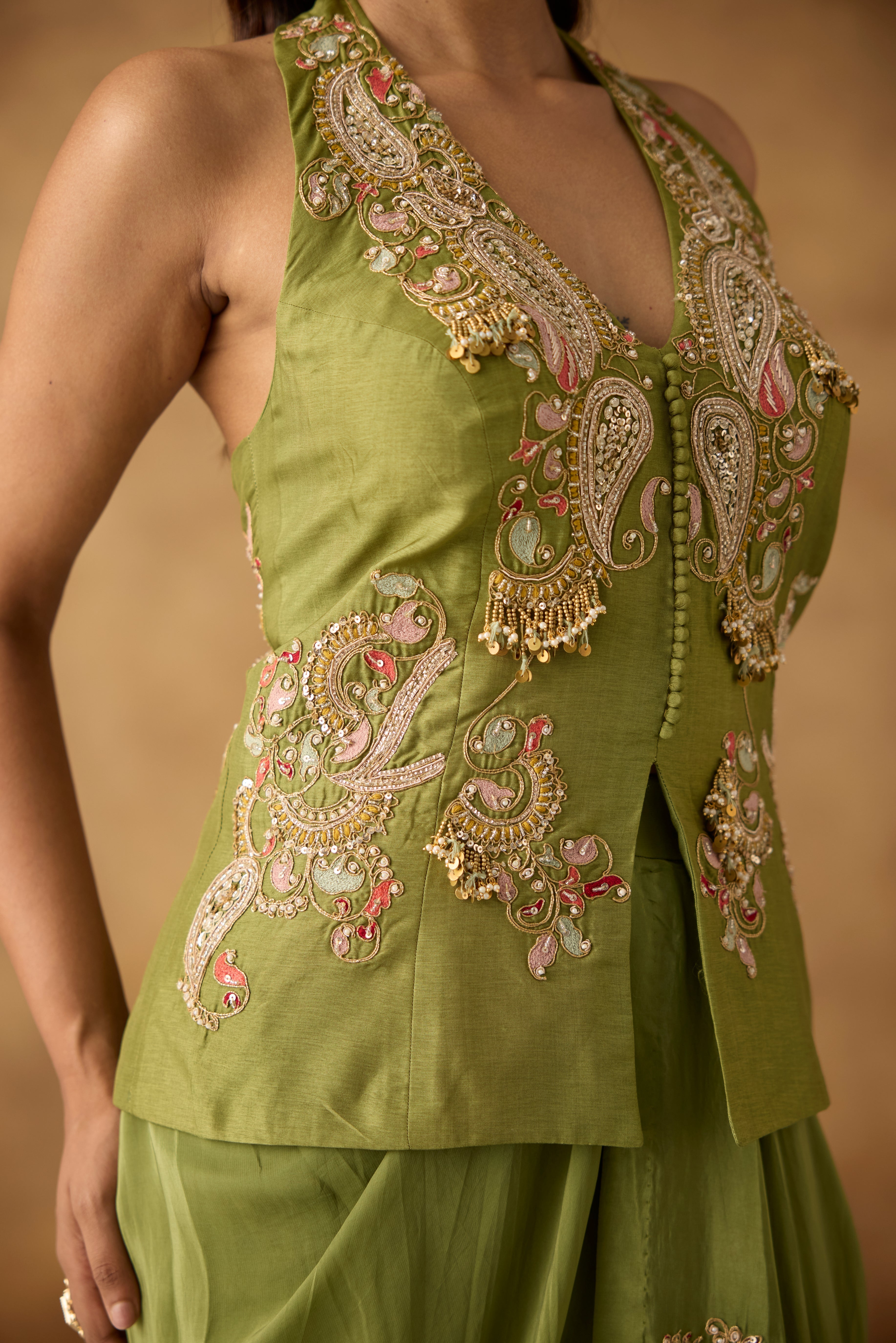 Fern Green Embellished Crepe Satin Silk Skirt Set