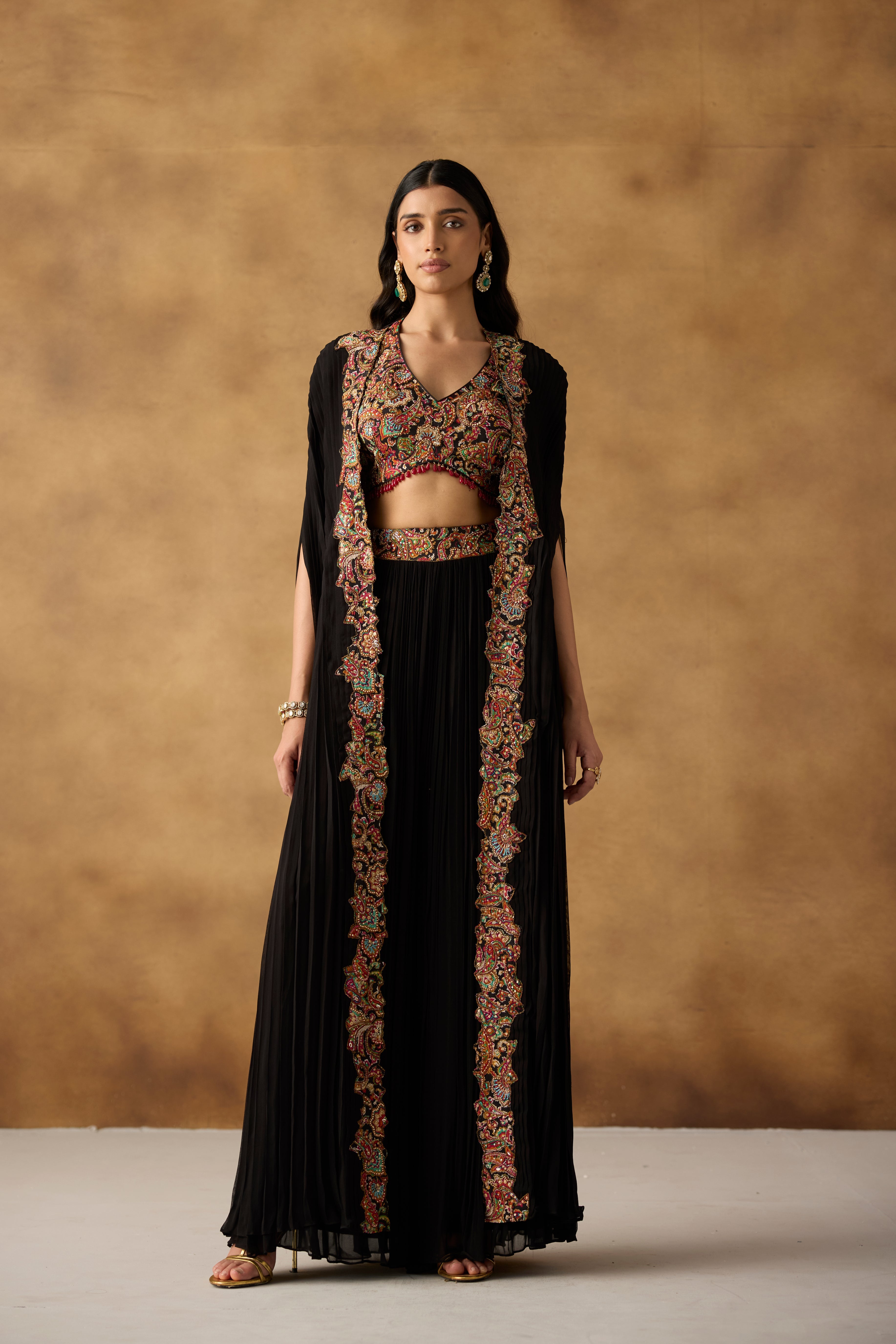 Black Embellished Georgette Silk Cape Palazzo Set