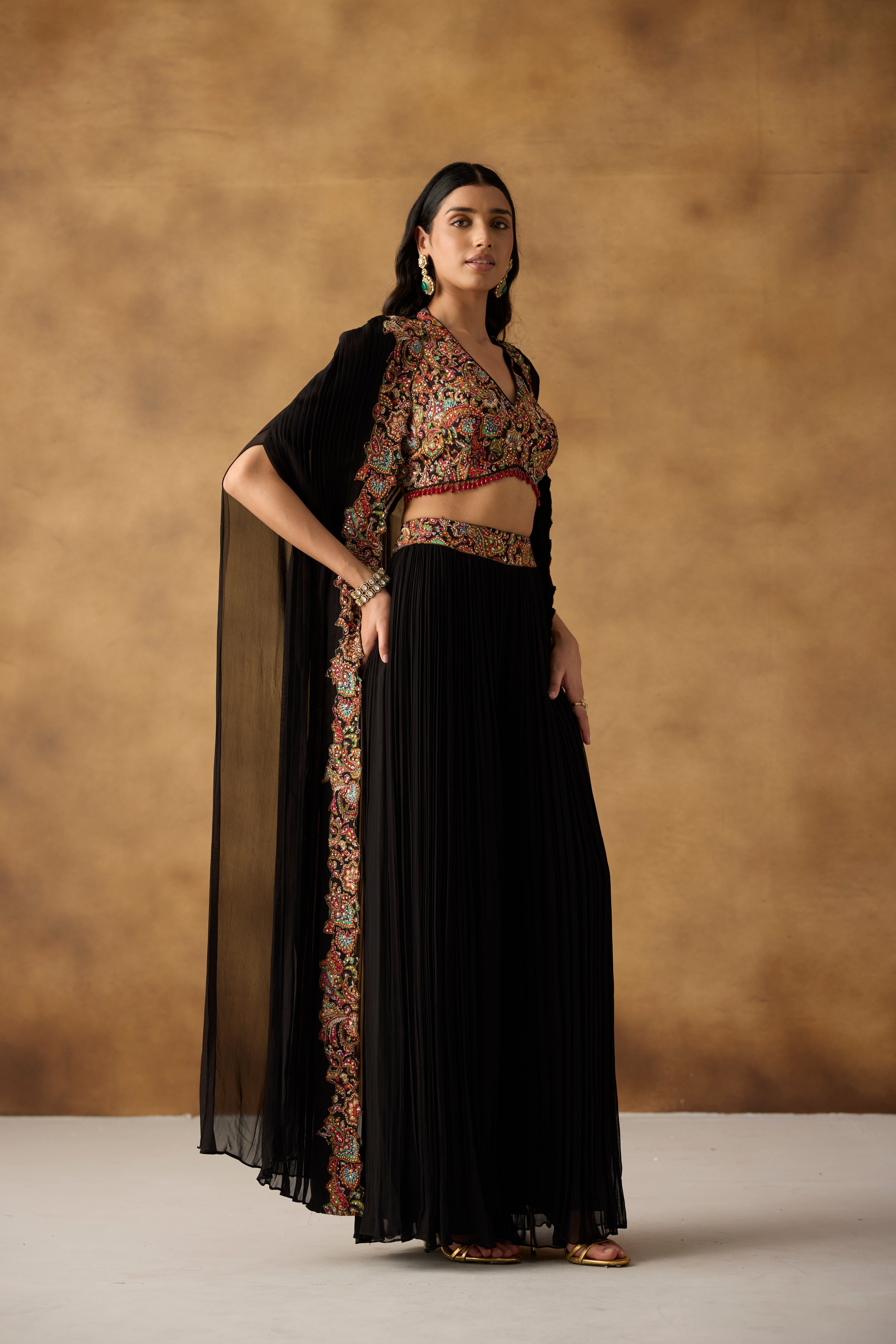 Black Embellished Georgette Silk Cape Palazzo Set