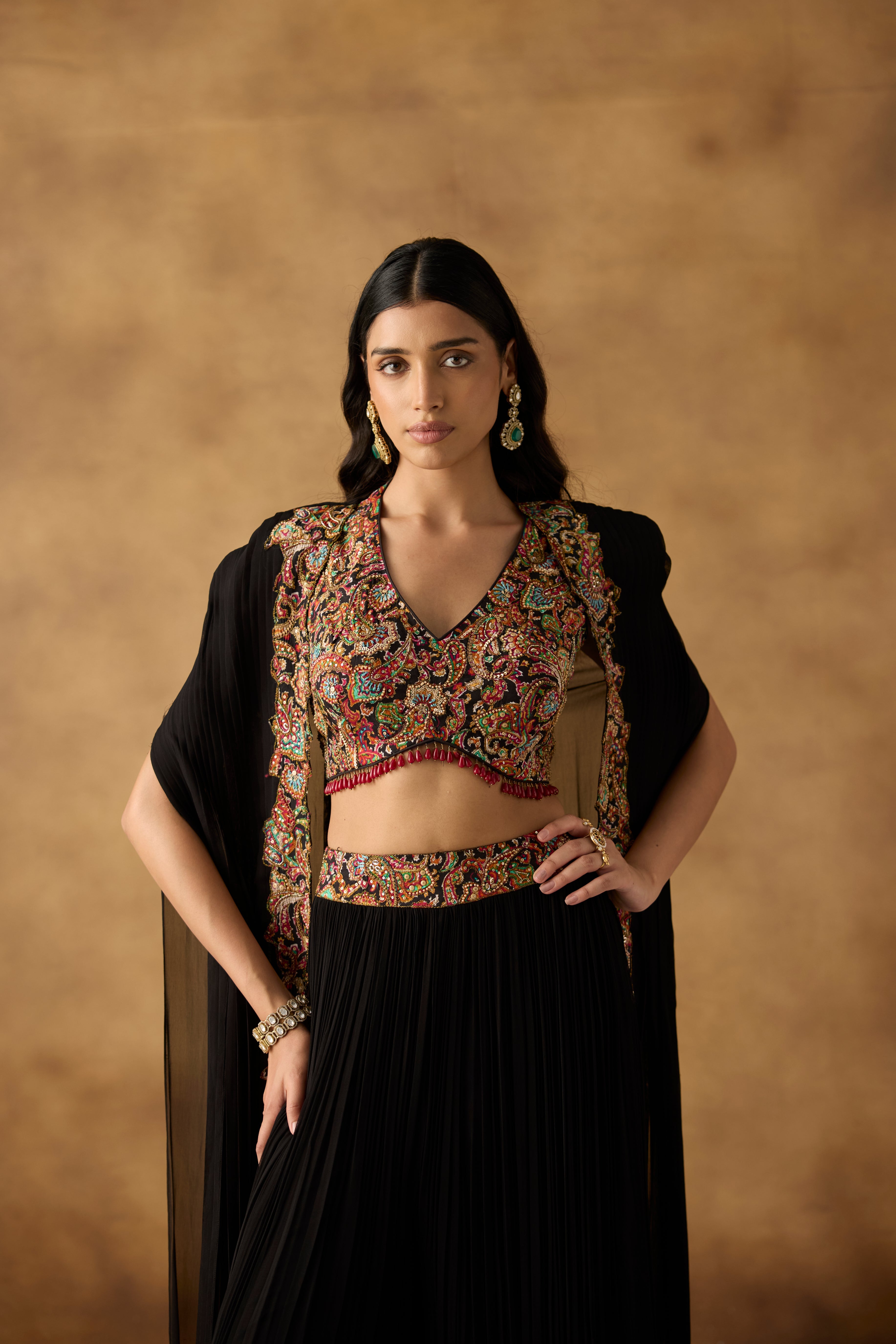 Black Embellished Georgette Silk Cape Palazzo Set
