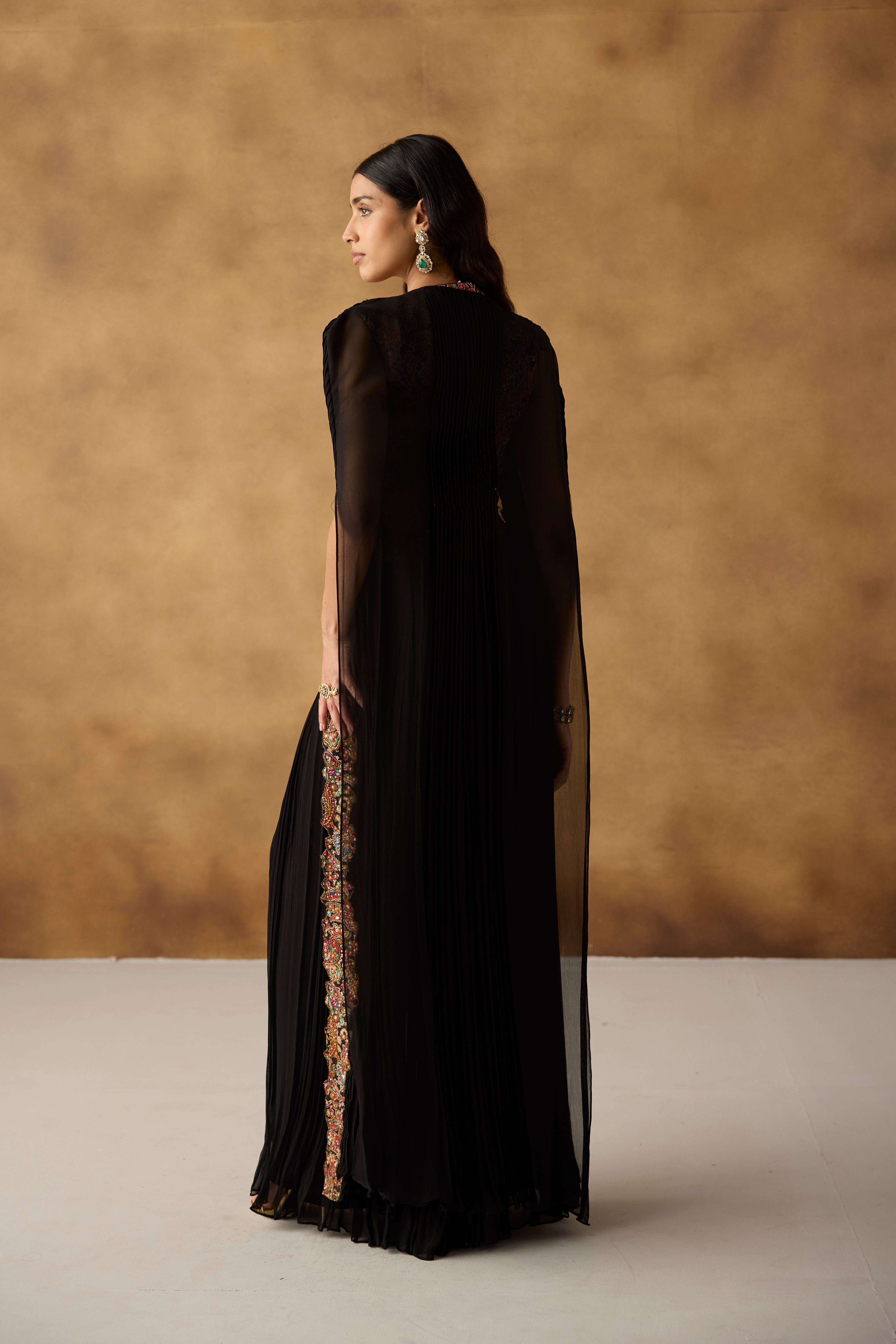 Black Embellished Georgette Silk Cape Palazzo Set