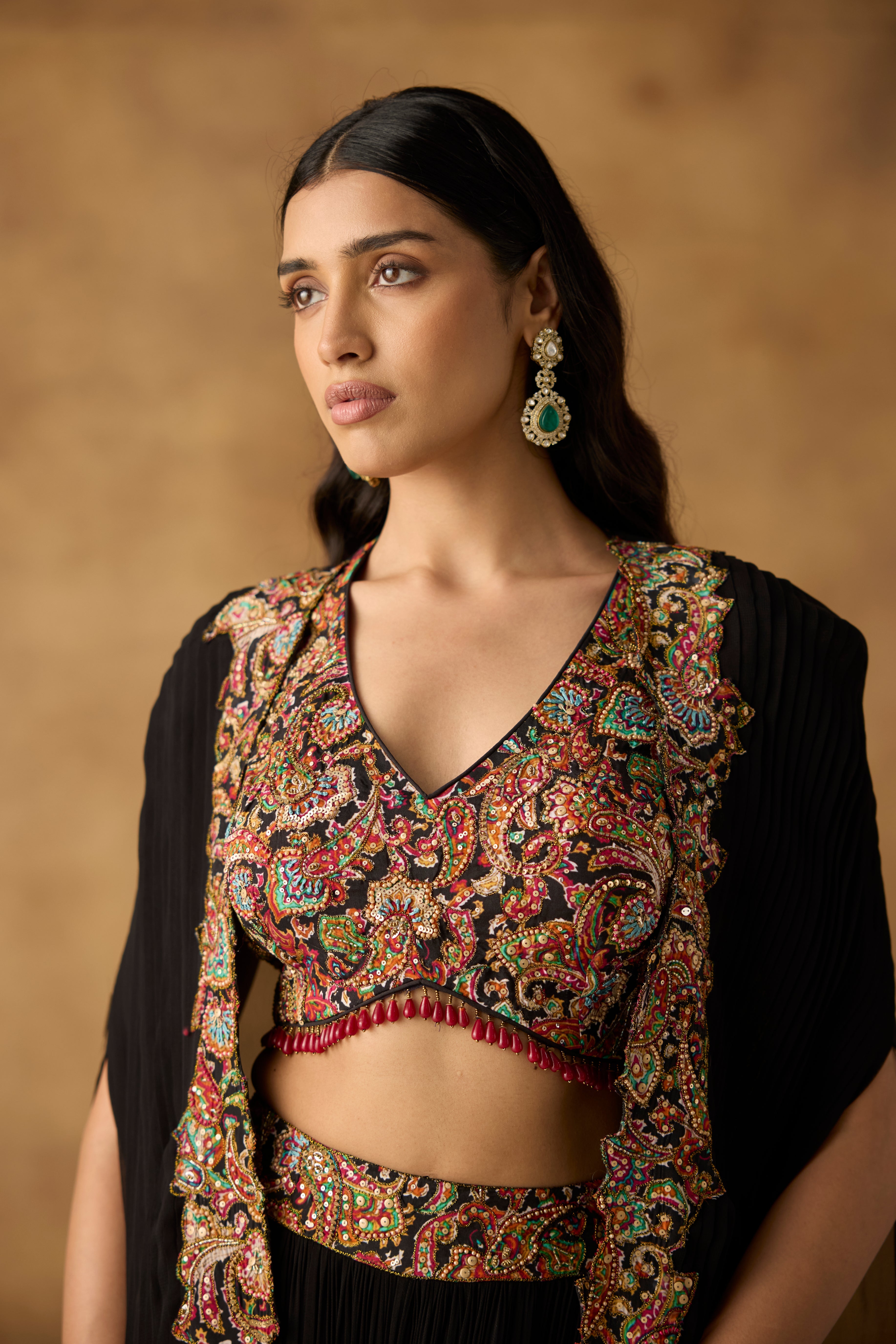Black Embellished Georgette Silk Cape Palazzo Set