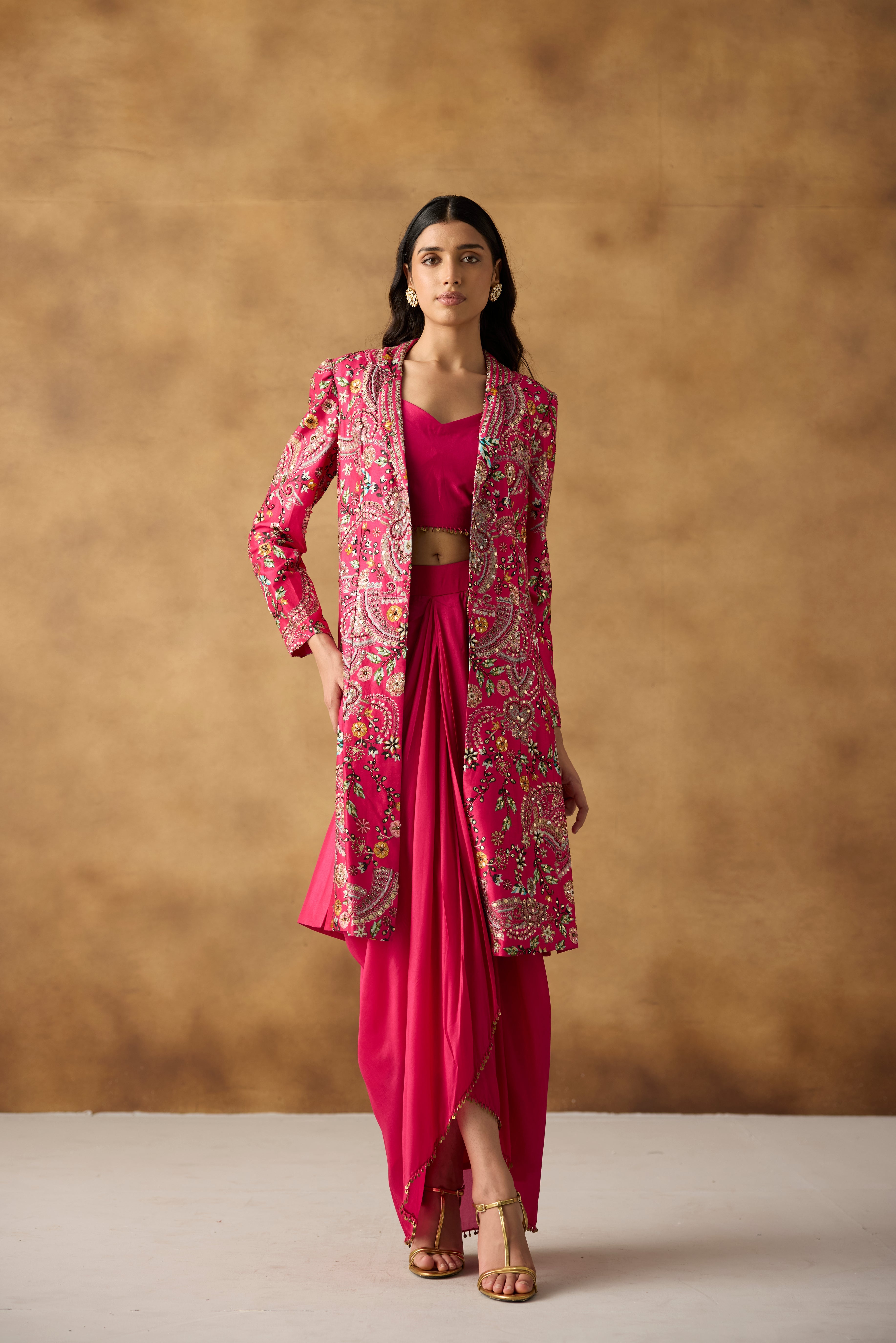 Rani Pink Embellished Chanderi Silk Jacket Skirt Set