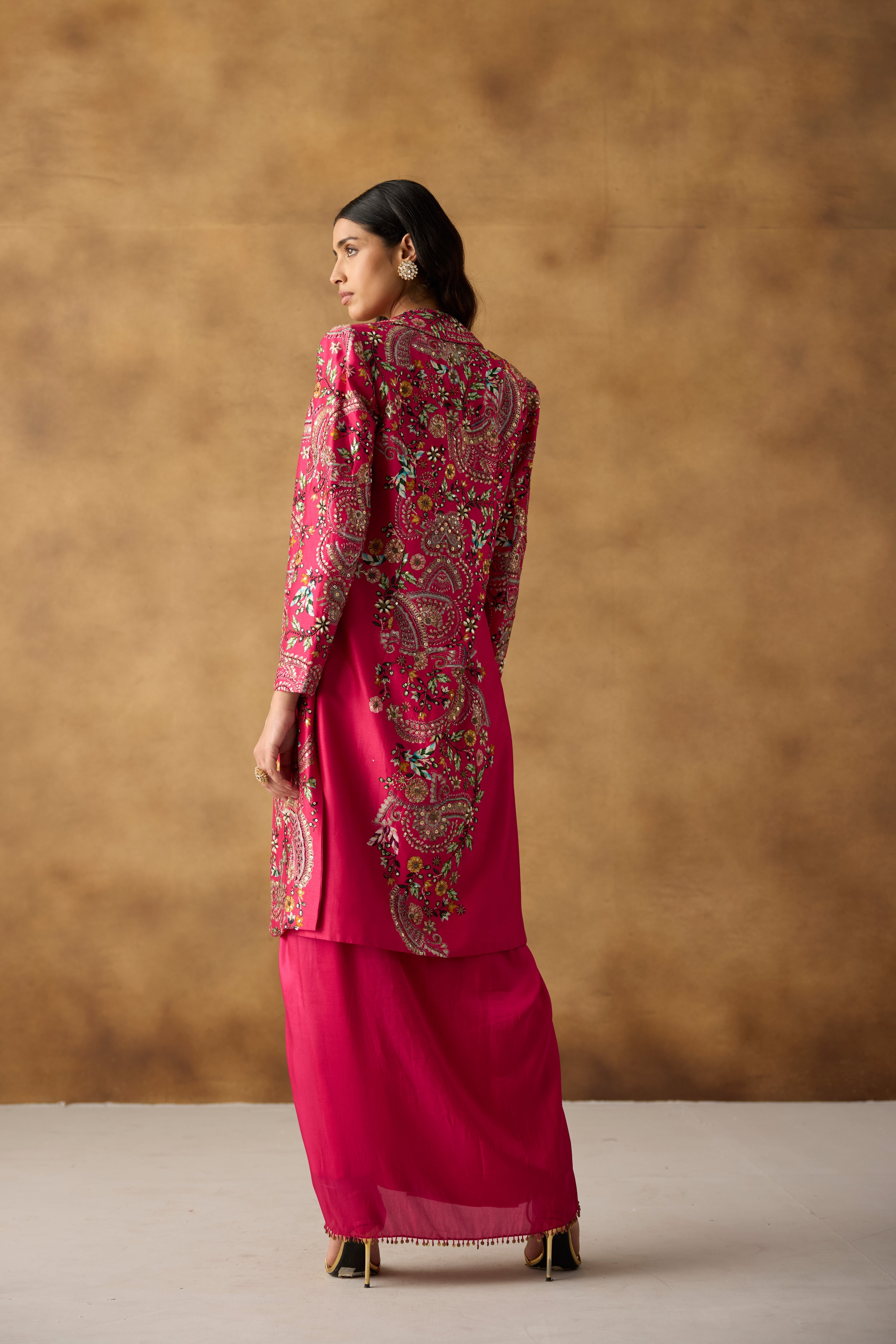 Rani Pink Embellished Chanderi Silk Jacket Skirt Set