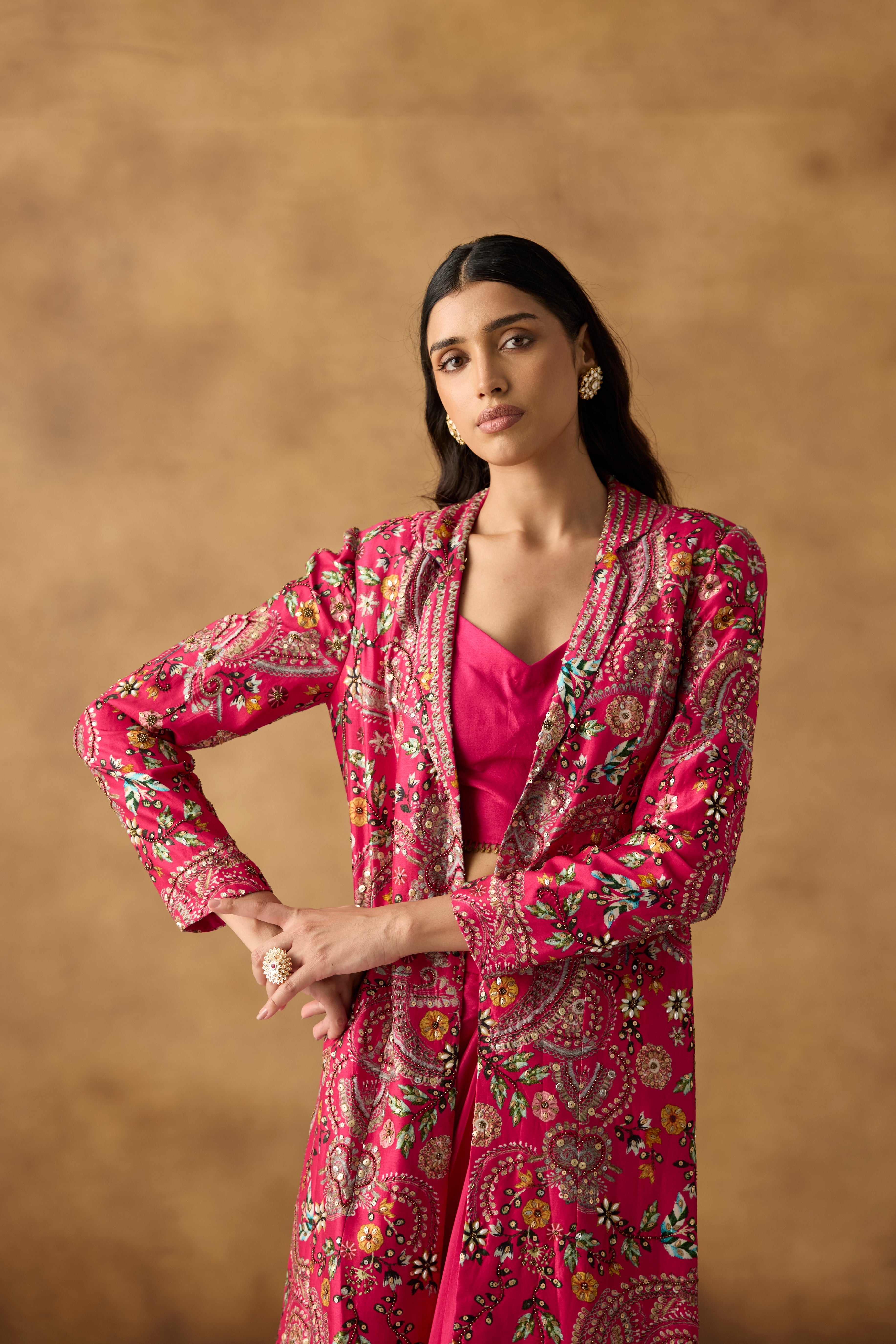 Rani Pink Embellished Chanderi Silk Jacket Skirt Set