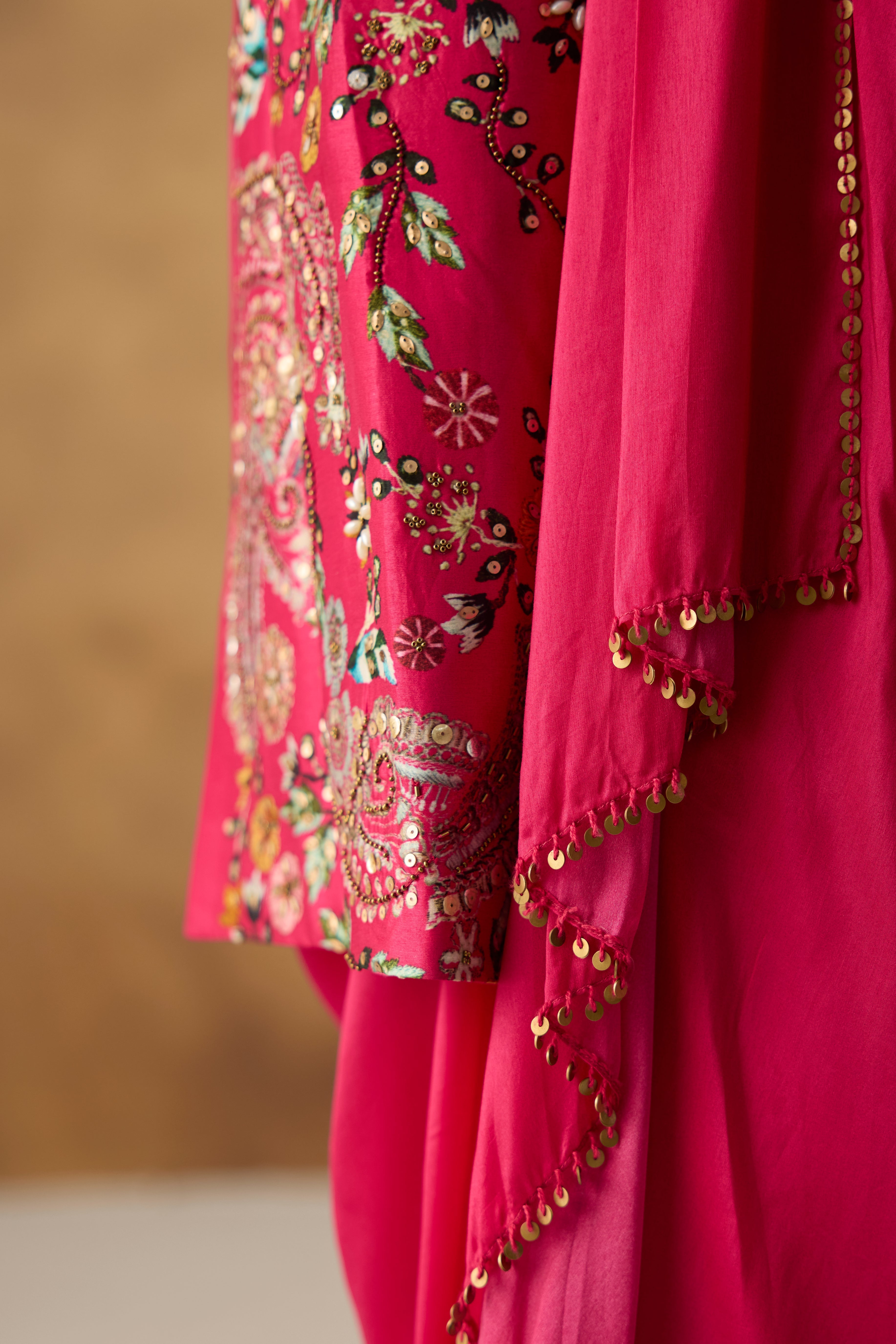 Rani Pink Embellished Chanderi Silk Jacket Skirt Set