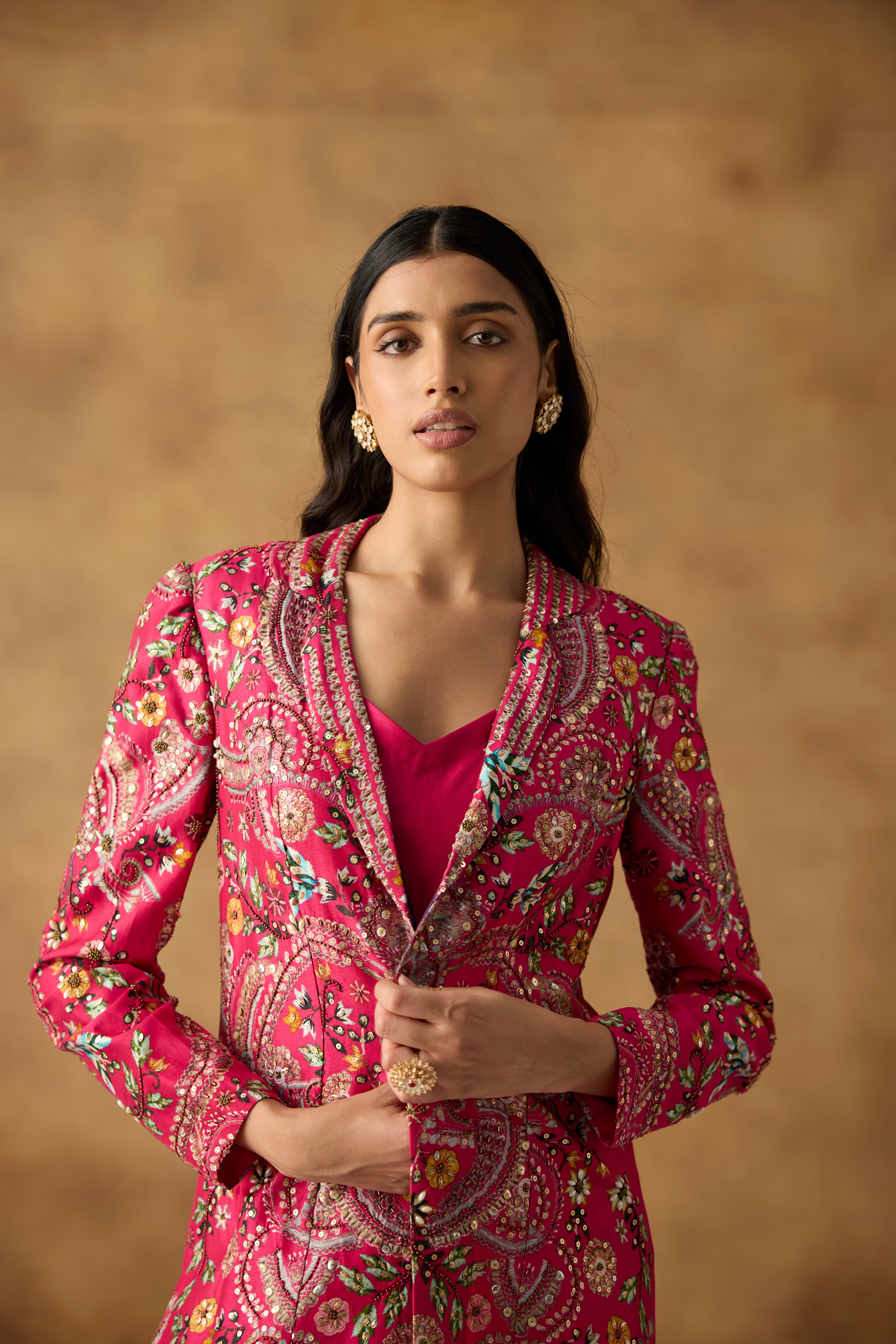 Rani Pink Embellished Chanderi Silk Jacket Skirt Set