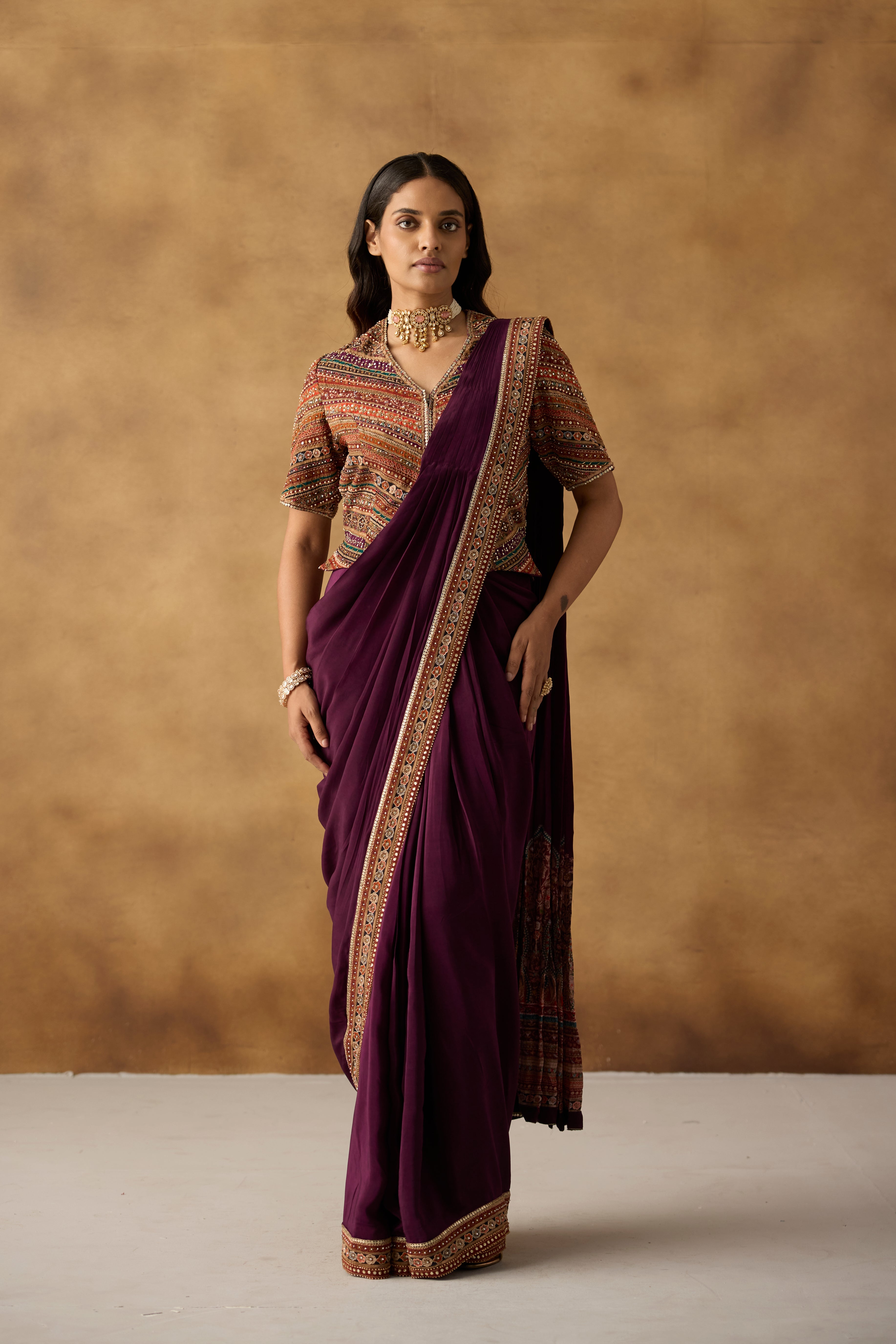 Wine Muse Embellished Crepe Silk Draped Saree