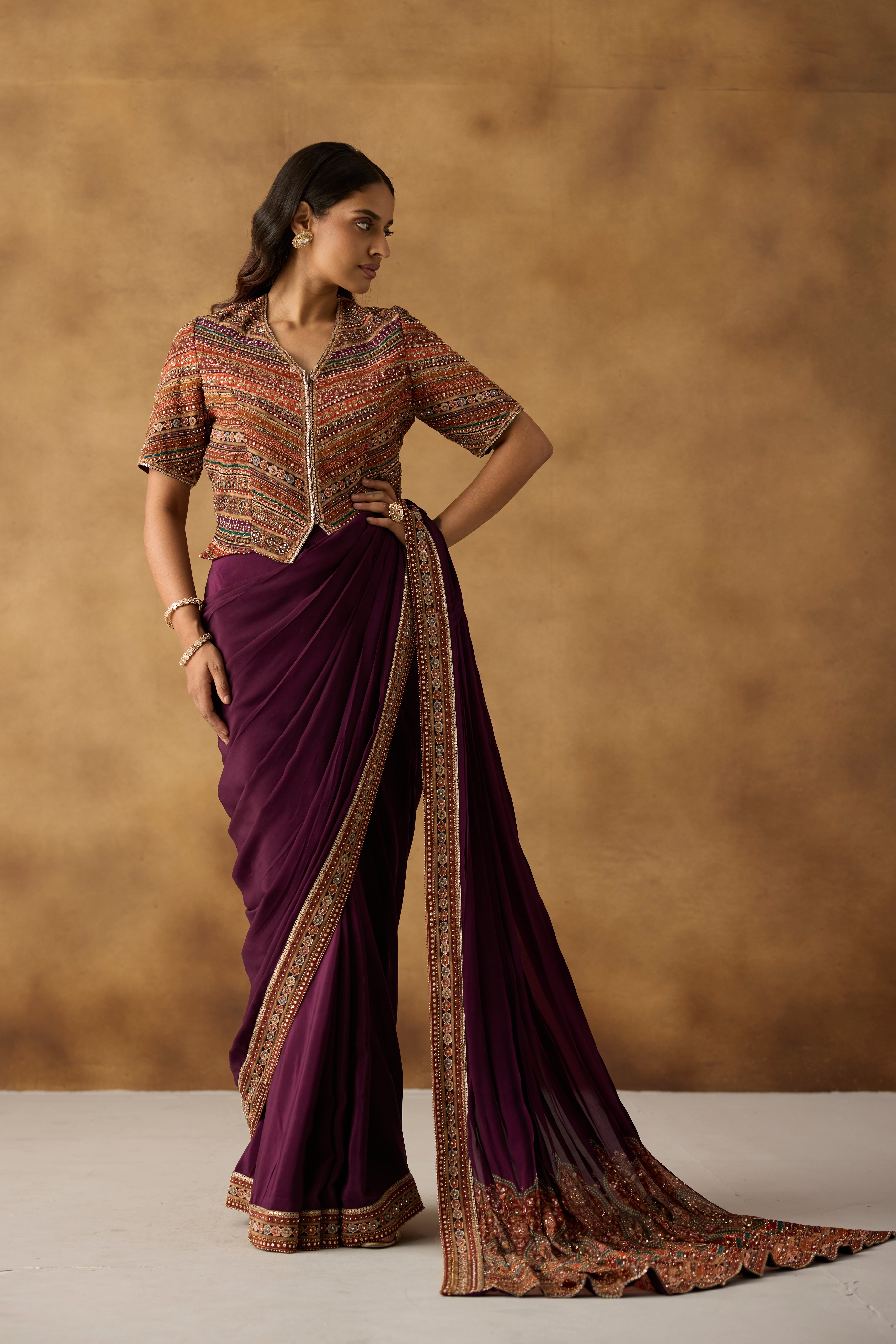 Wine Muse Embellished Crepe Silk Draped Saree