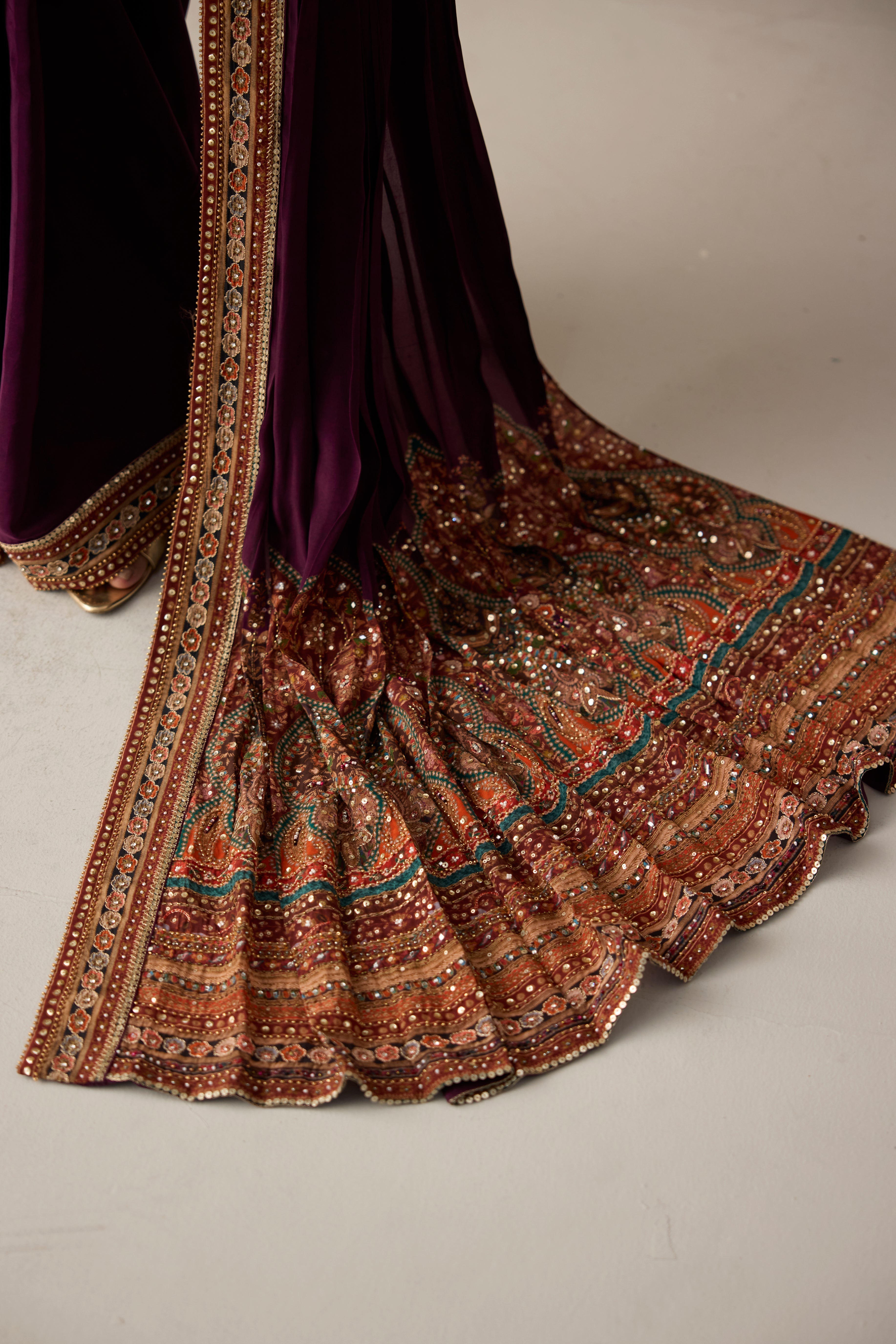 Wine Muse Embellished Crepe Silk Draped Saree