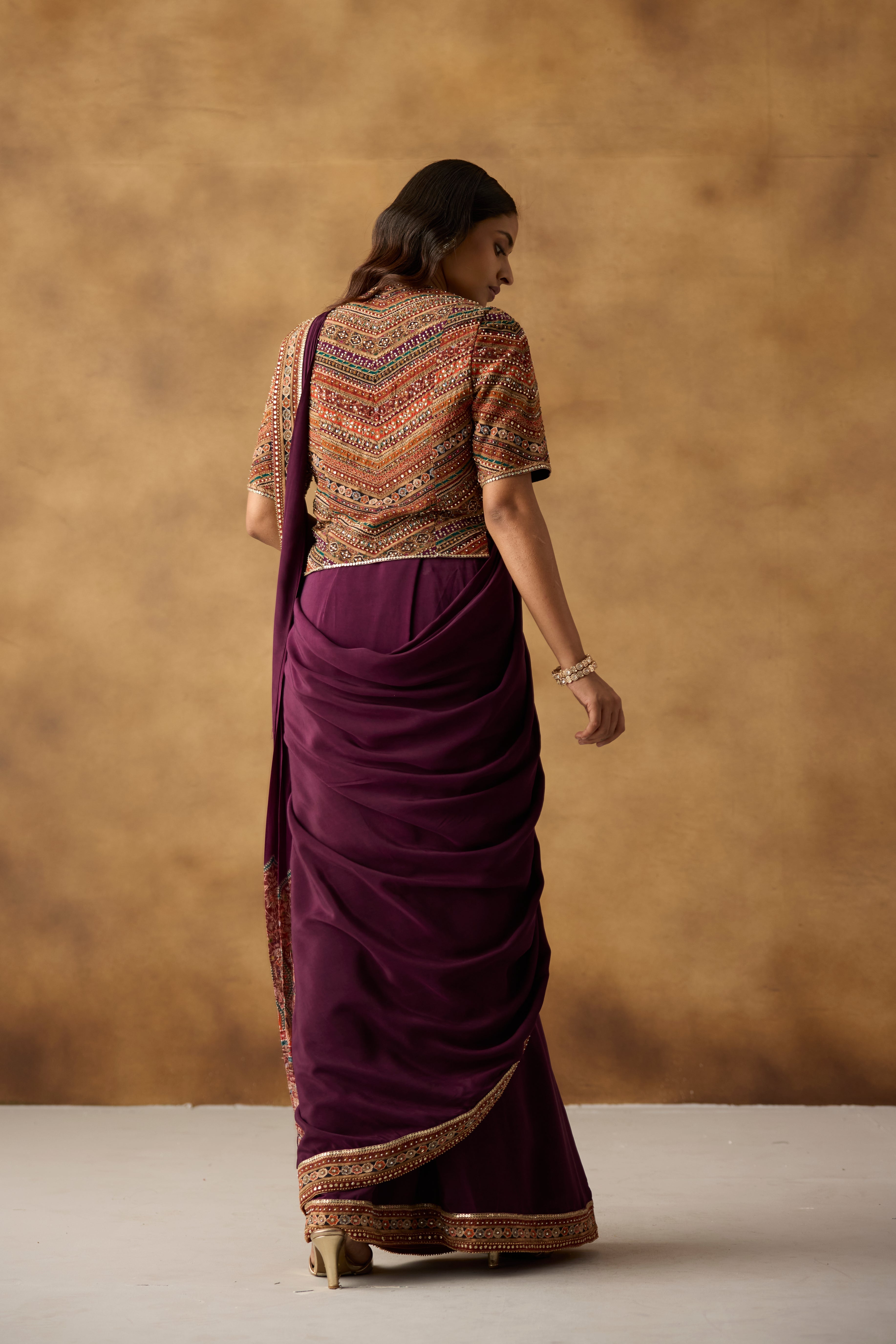 Wine Muse Embellished Crepe Silk Draped Saree