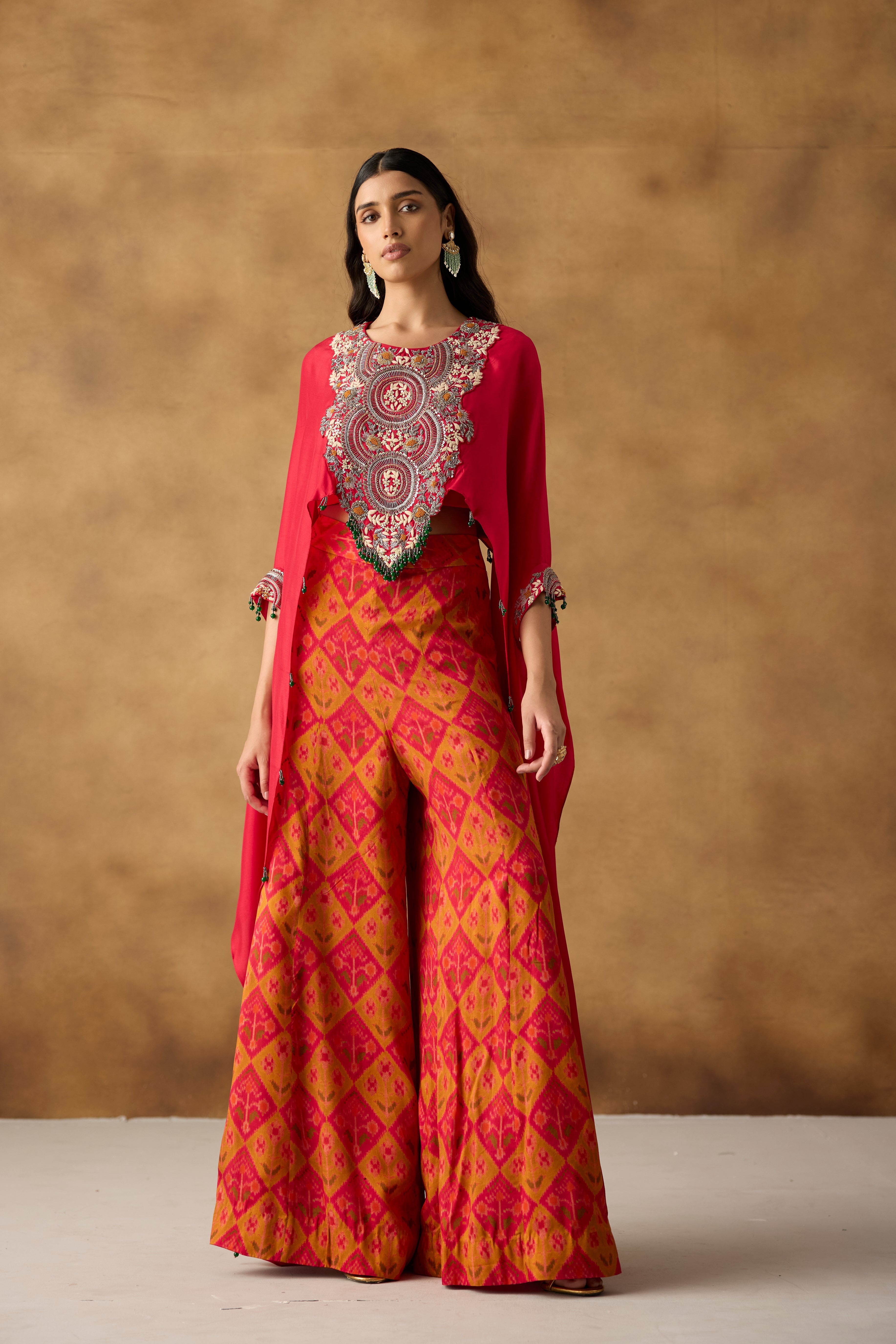 Radiant Red & Multi-Colored Upadda Silk Kaftan Set
