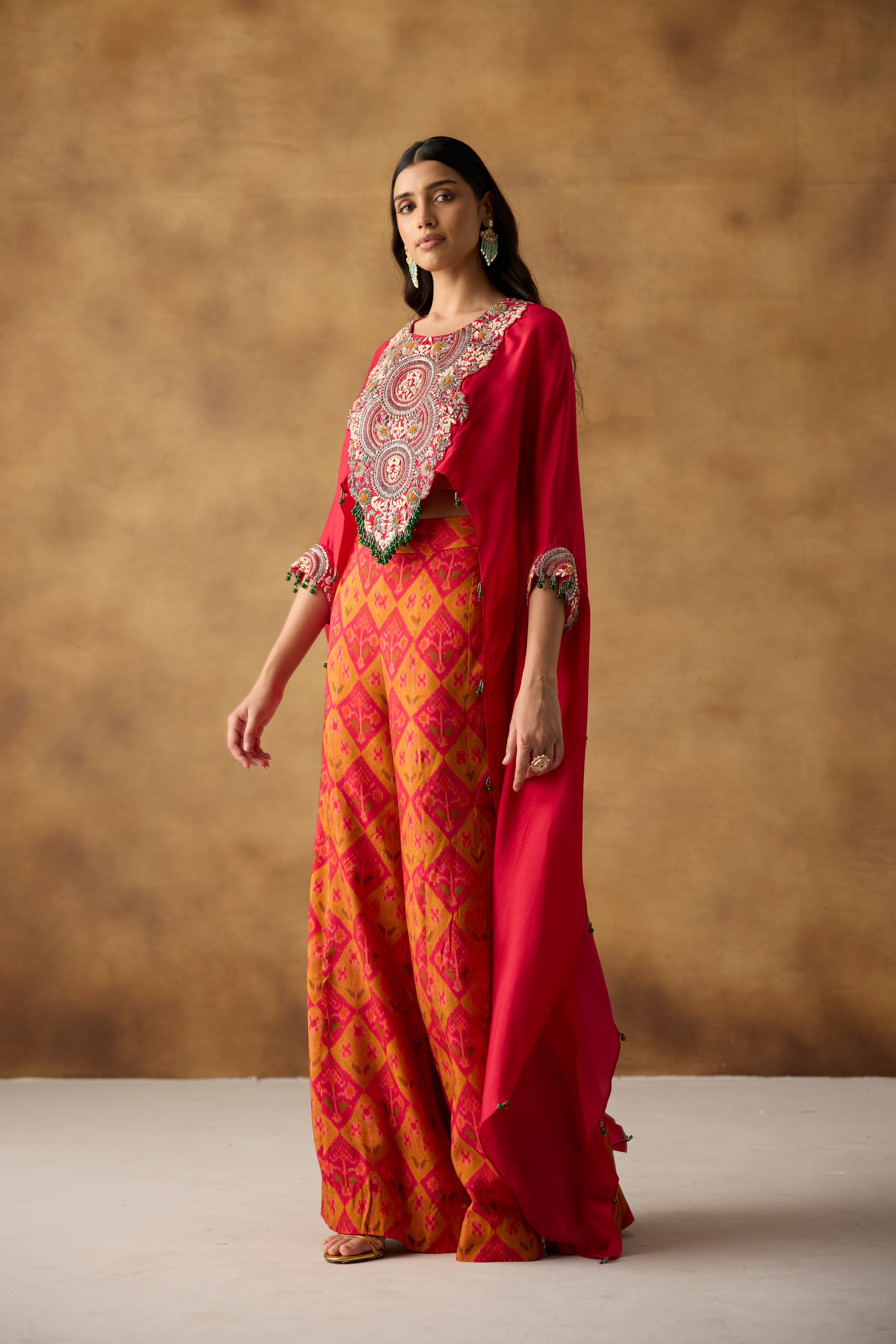 Radiant Red & Multi-Colored Upadda Silk Kaftan Set