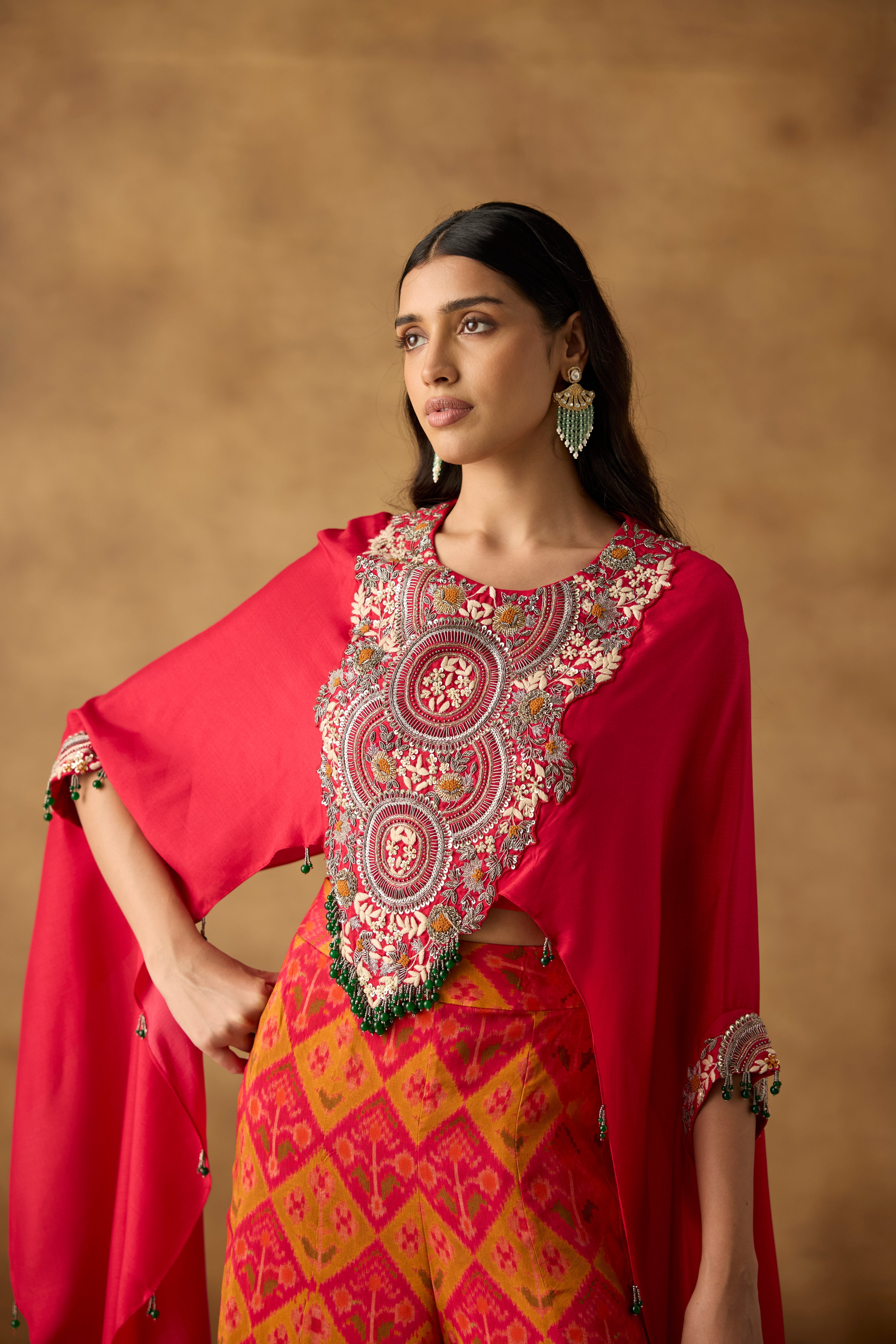 Radiant Red & Multi-Colored Upadda Silk Kaftan Set
