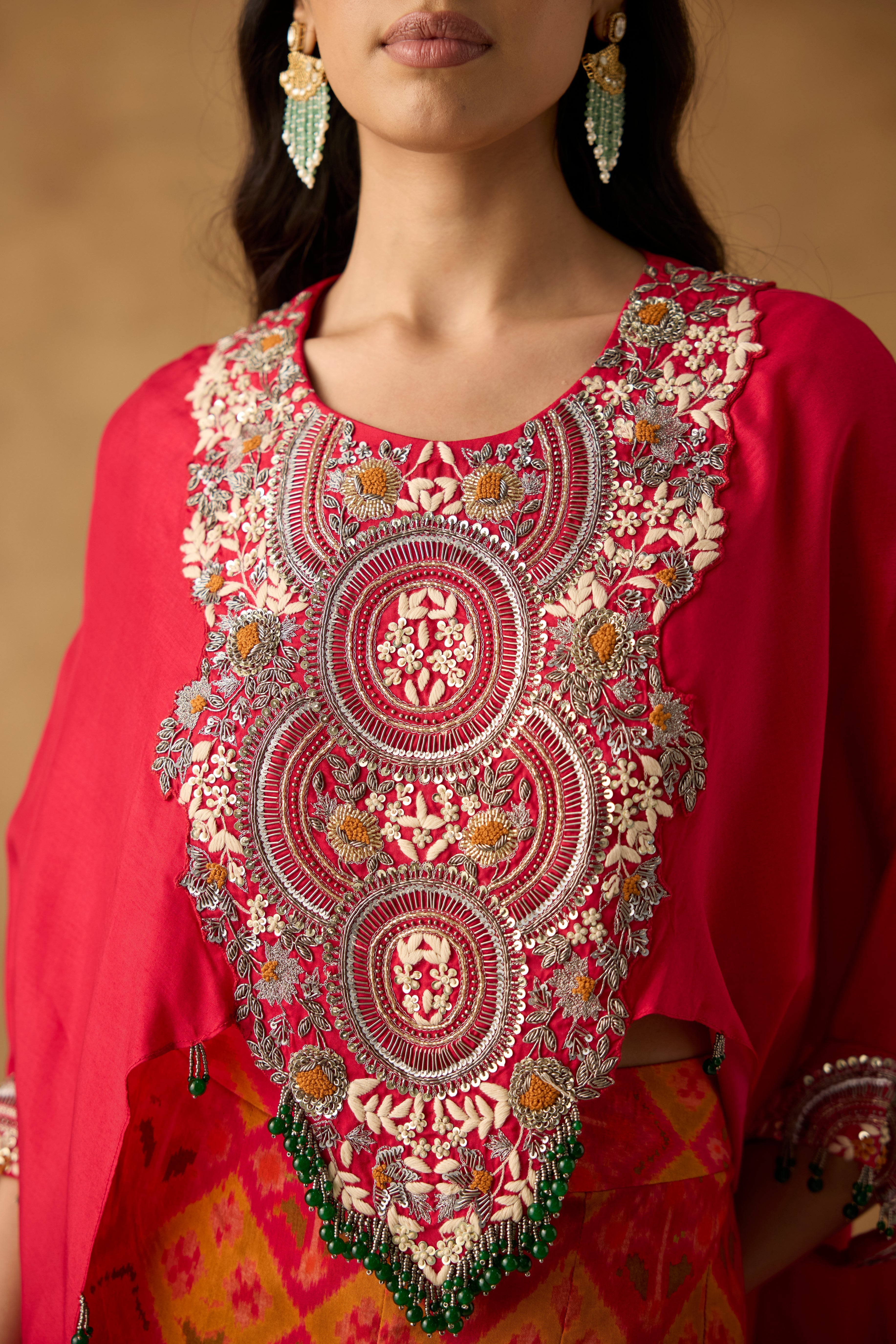 Radiant Red & Multi-Colored Upadda Silk Kaftan Set
