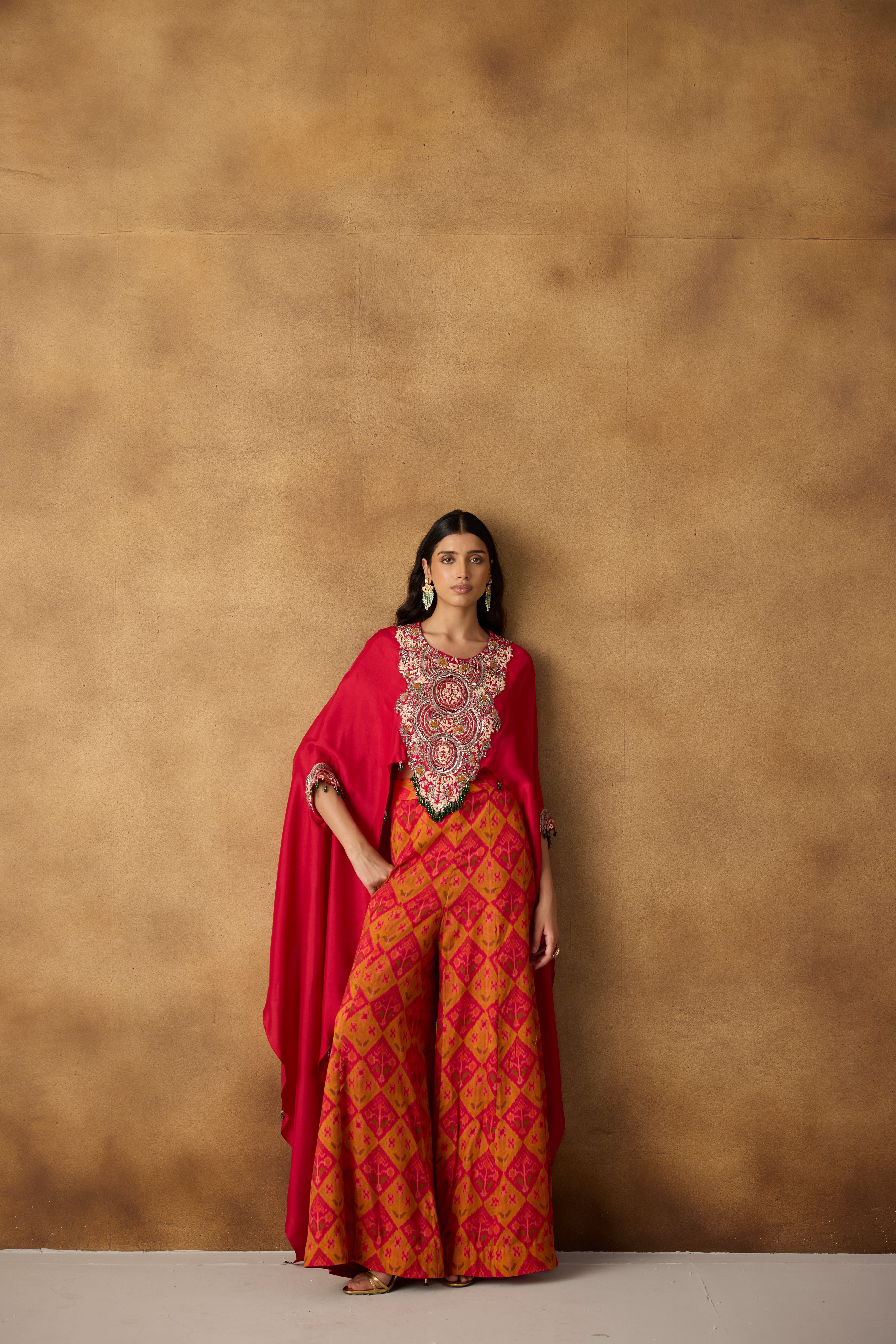 Radiant Red & Multi-Colored Upadda Silk Kaftan Set