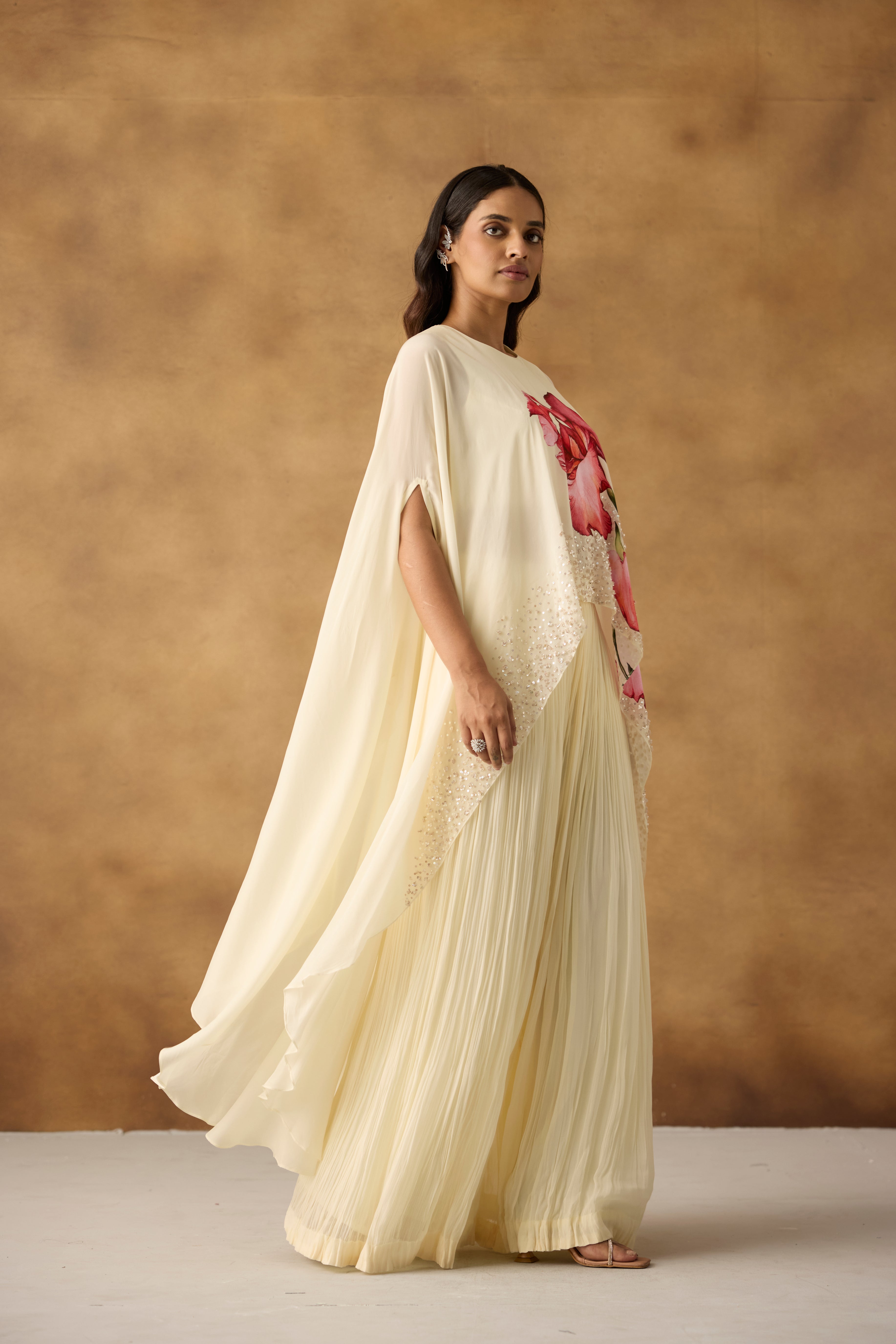 Gilded Ivory Embellished Georgette Silk Kaftan Palazzo Set