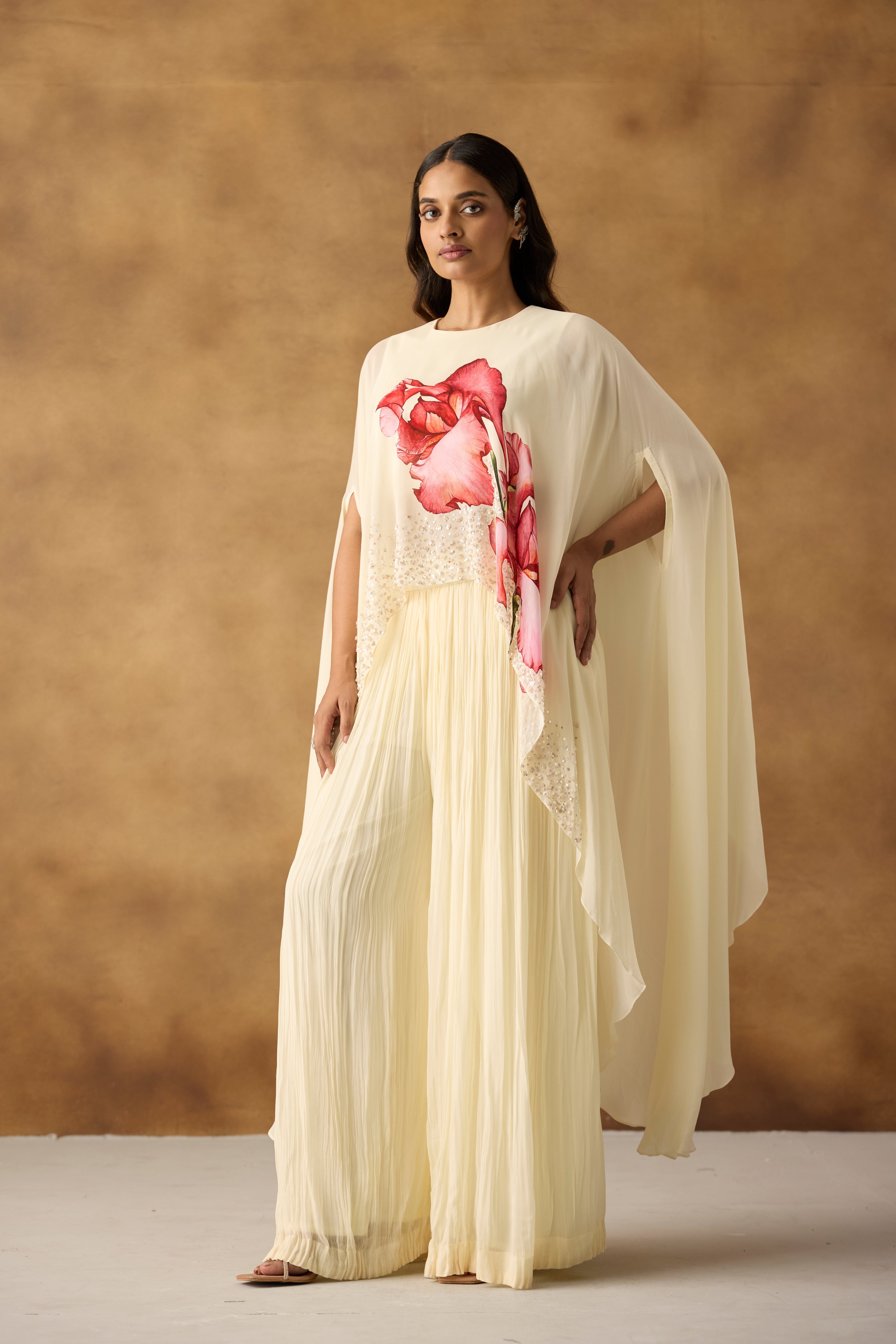 Gilded Ivory Embellished Georgette Silk Kaftan Palazzo Set