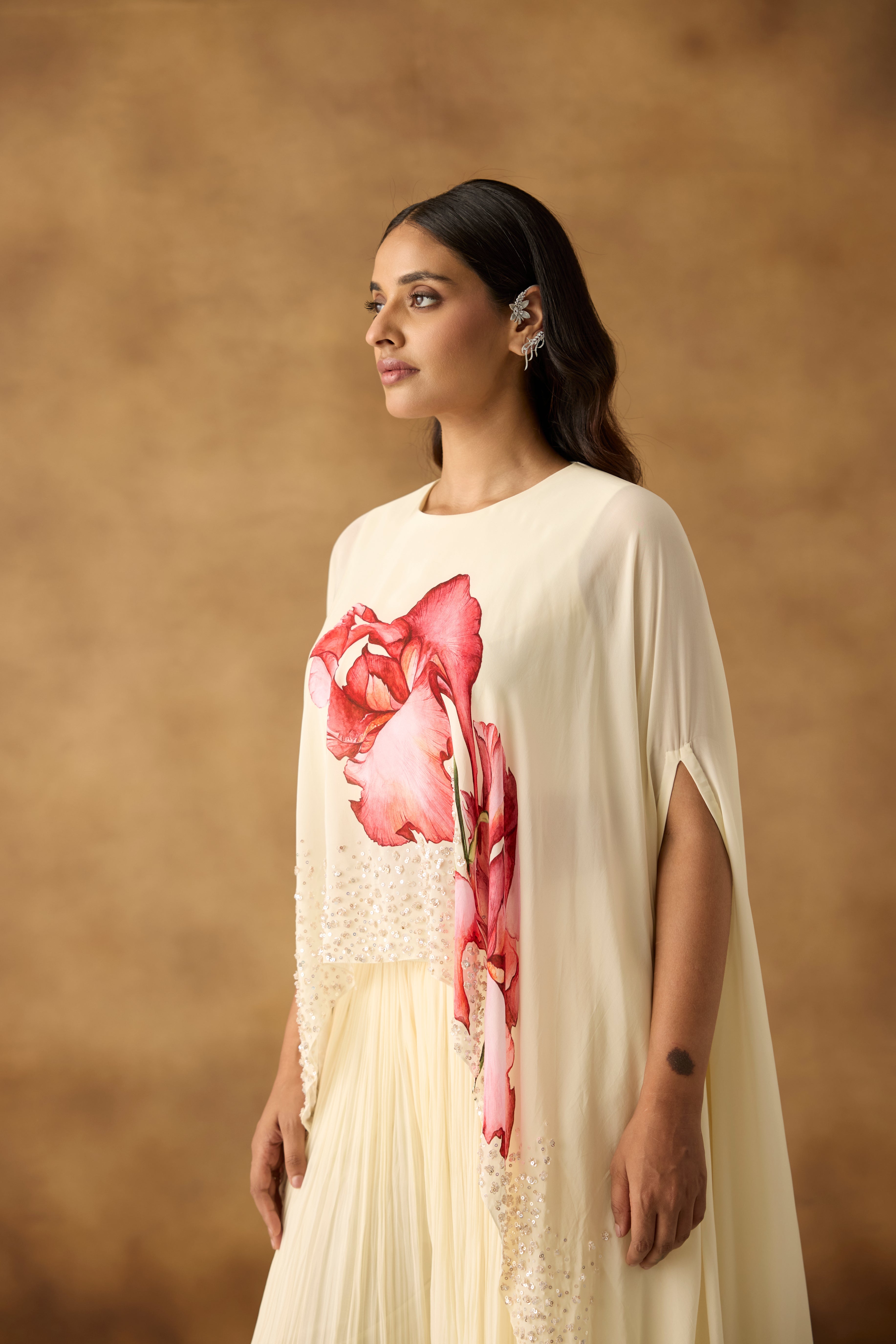 Gilded Ivory Embellished Georgette Silk Kaftan Palazzo Set