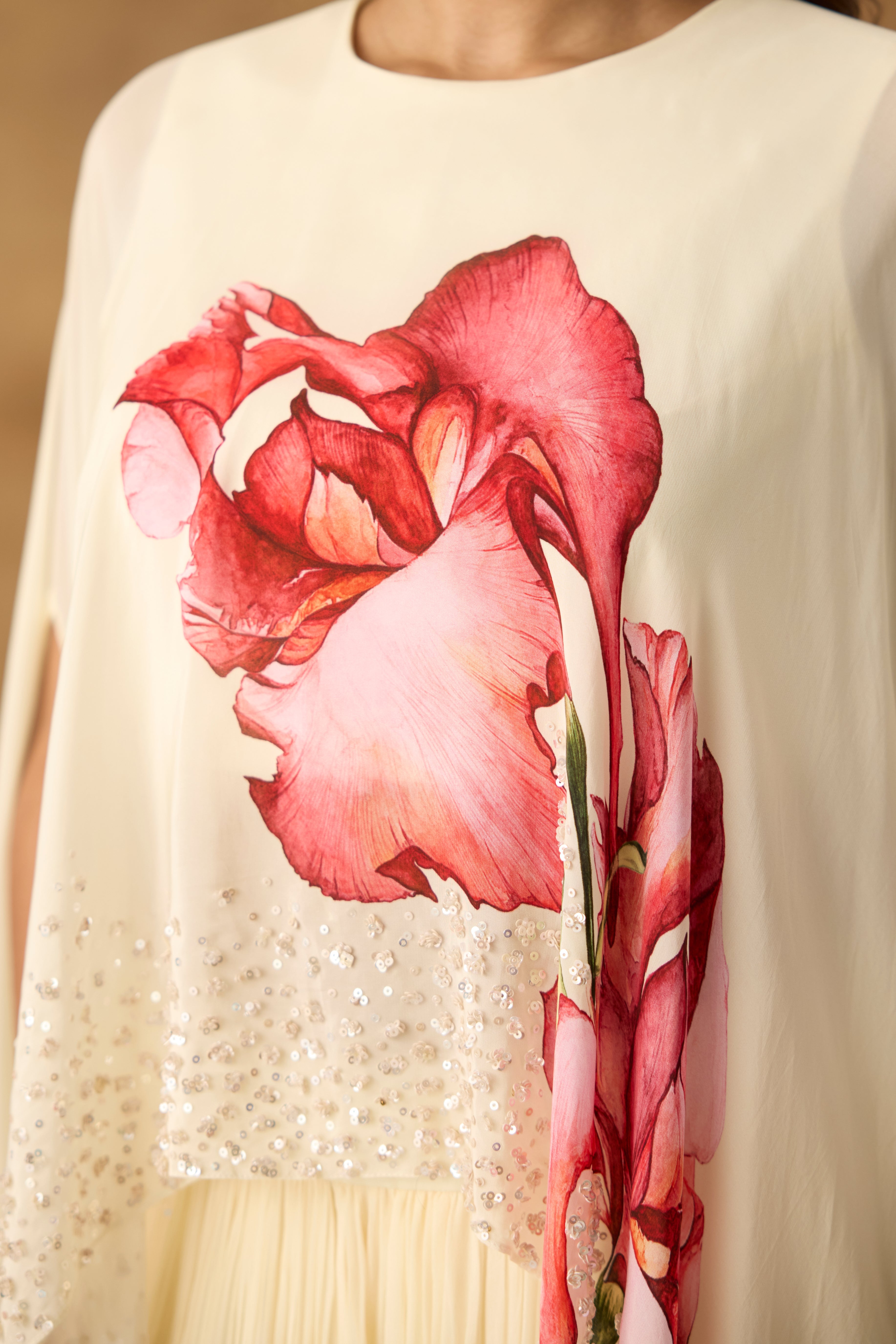 Gilded Ivory Embellished Georgette Silk Kaftan Palazzo Set