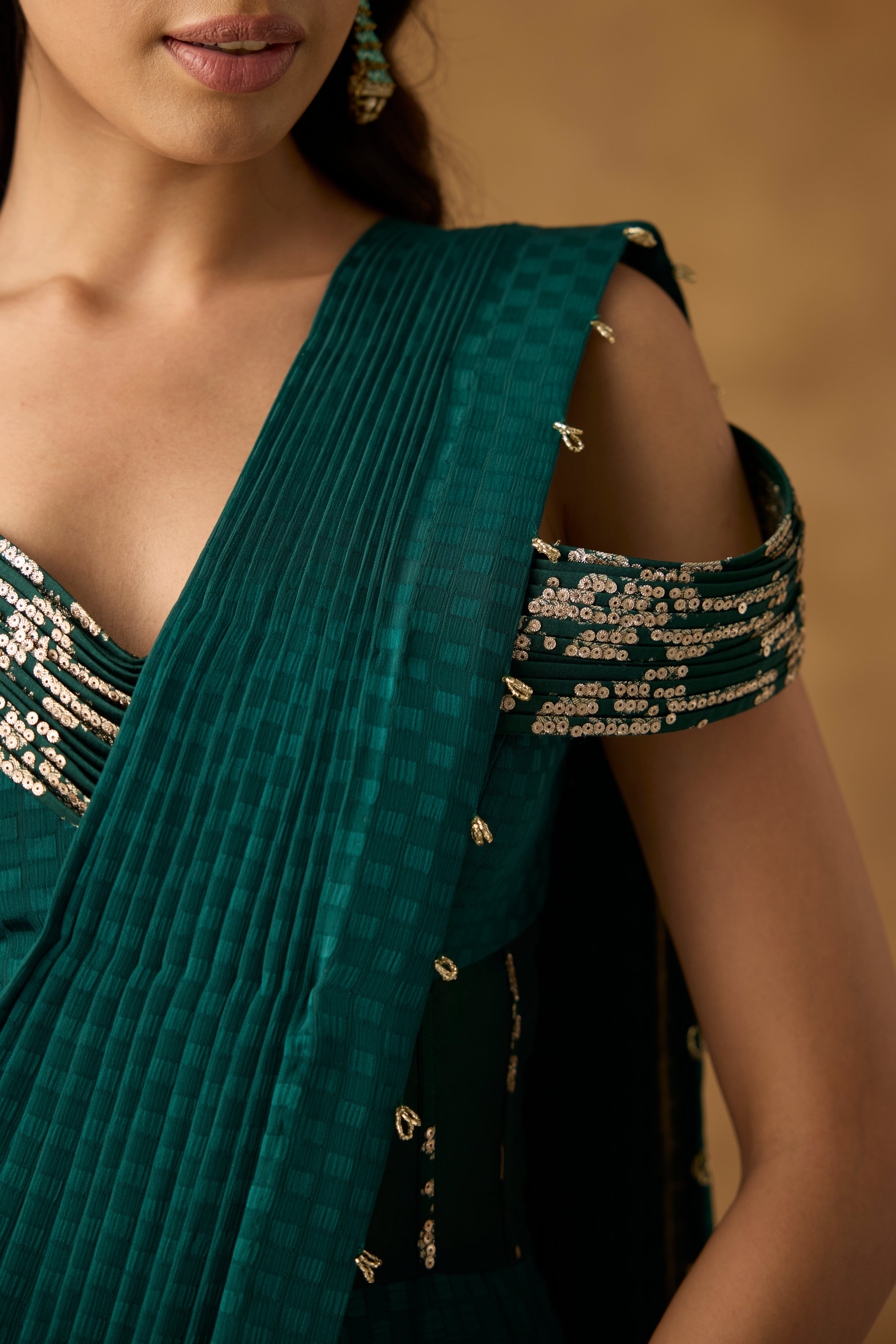 Emerald Green Embellished Georgette Draped Gown