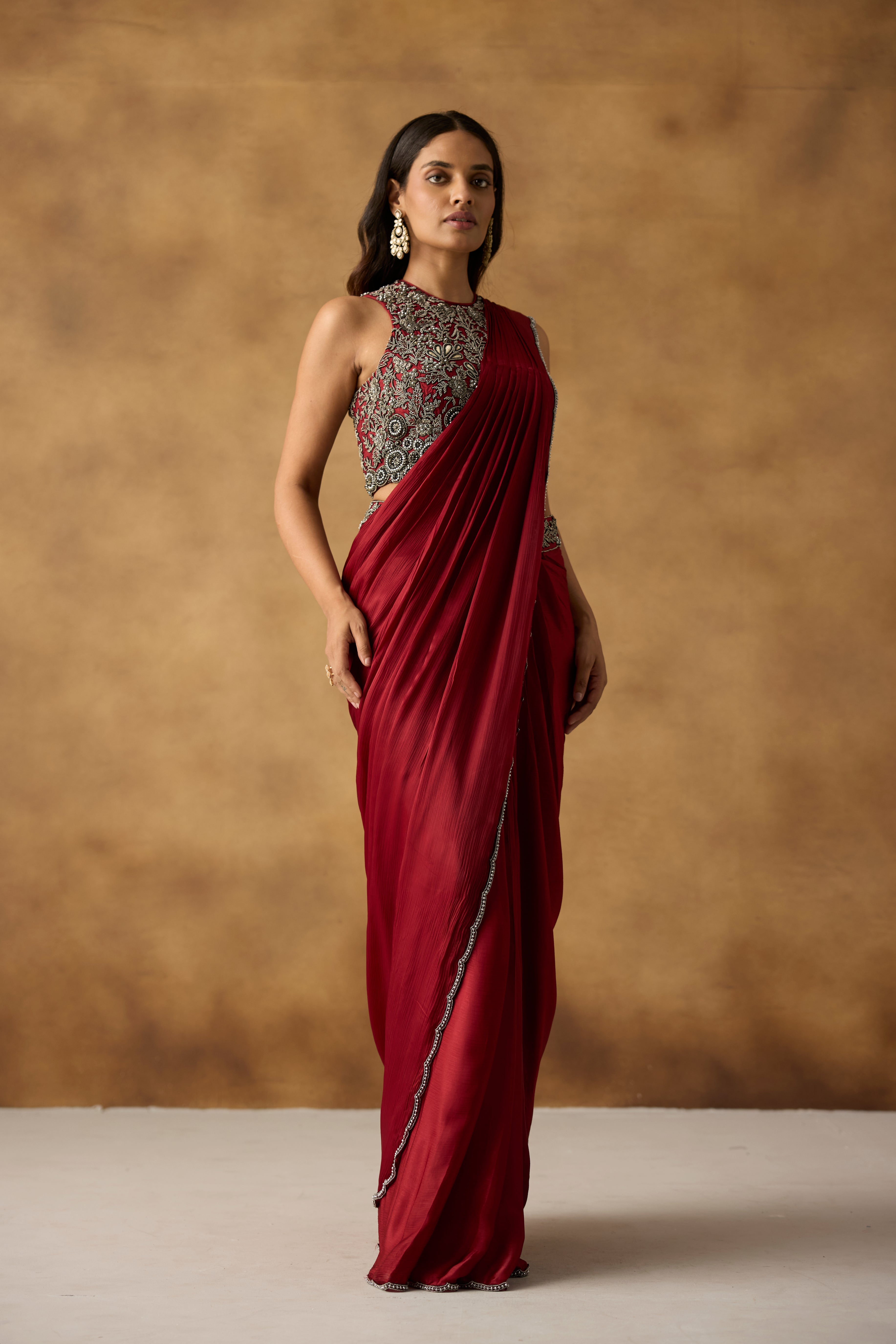 Deep Red Embellished Satin Silk Draped Saree