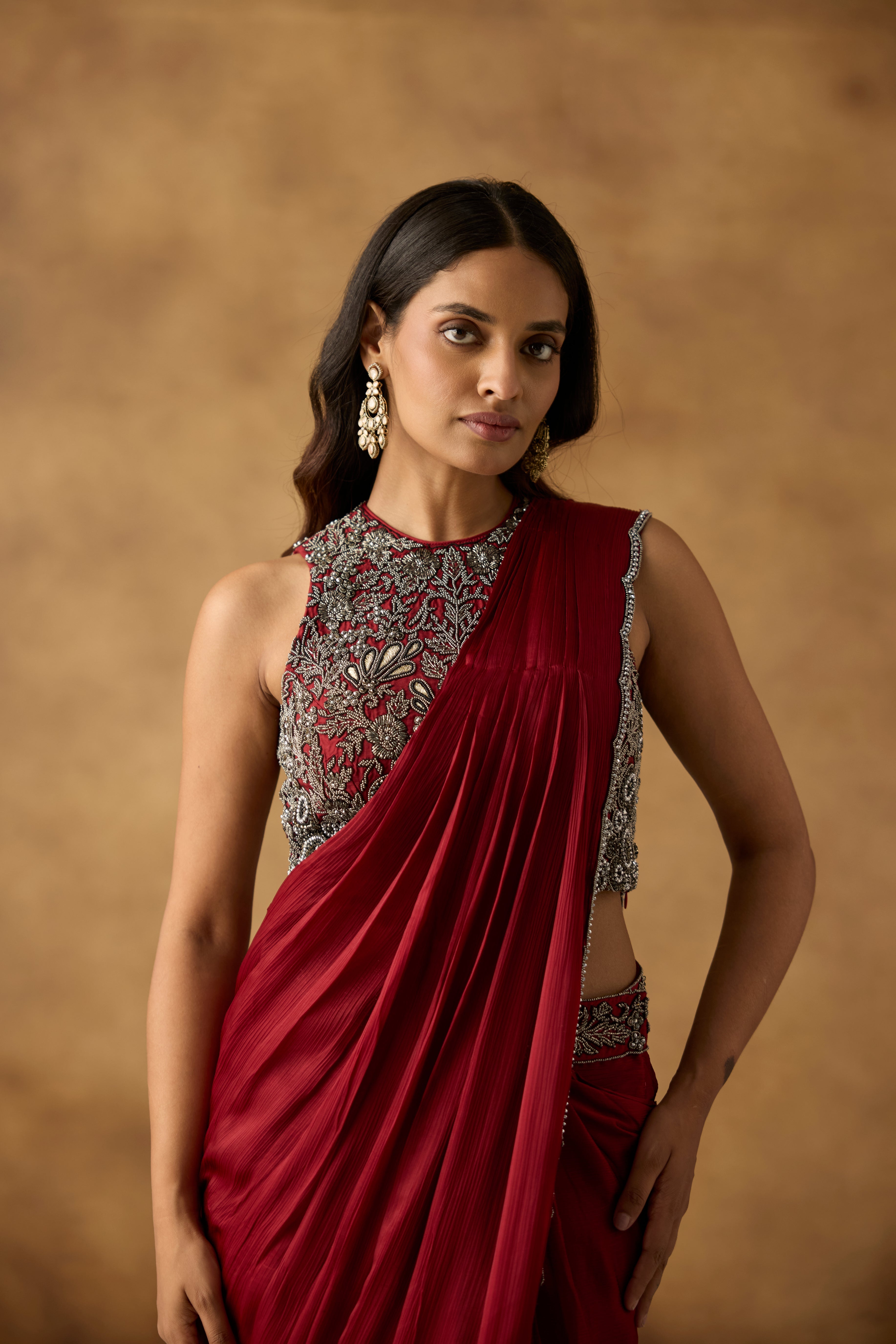 Deep Red Embellished Satin Silk Draped Saree