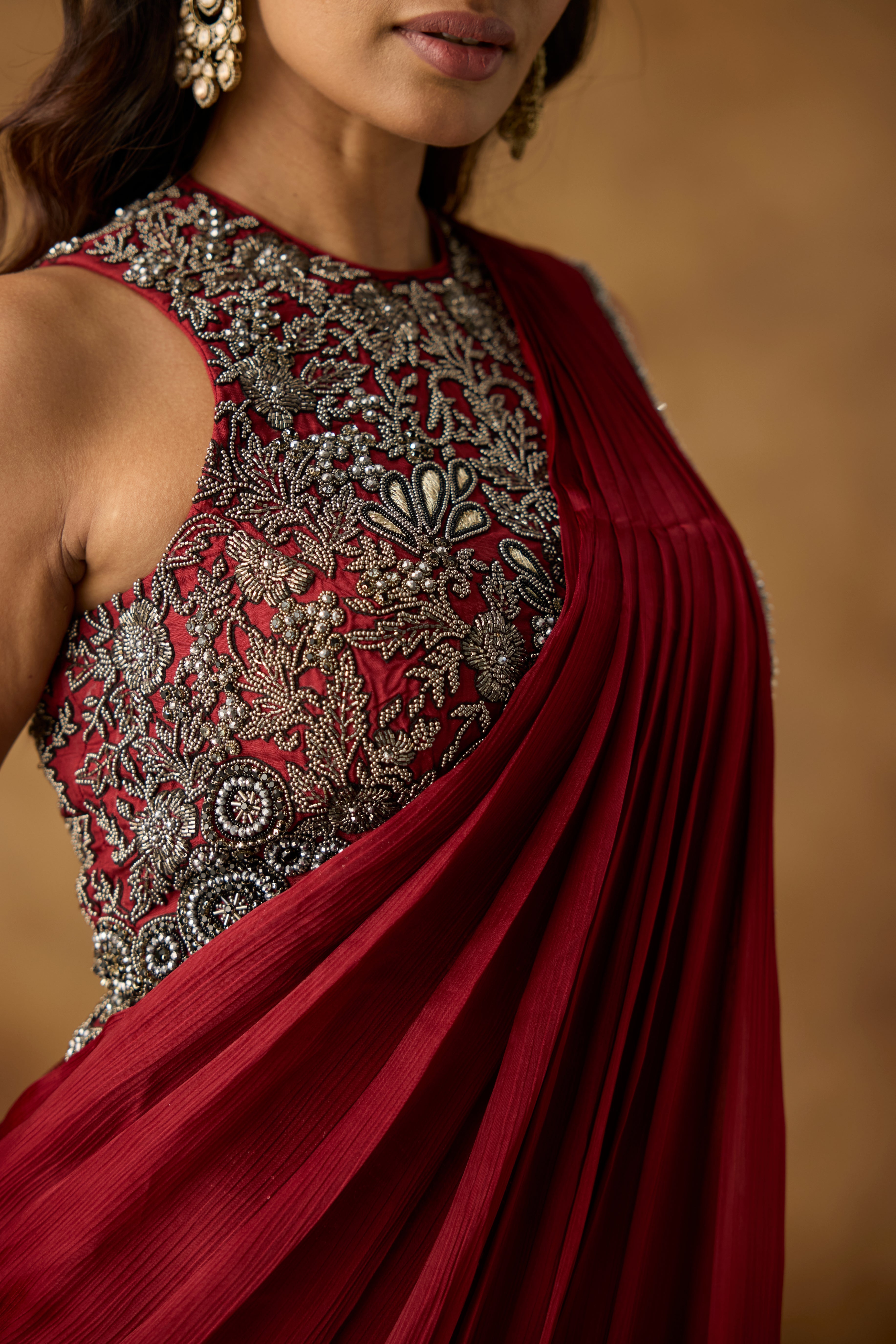 Deep Red Embellished Satin Silk Draped Saree