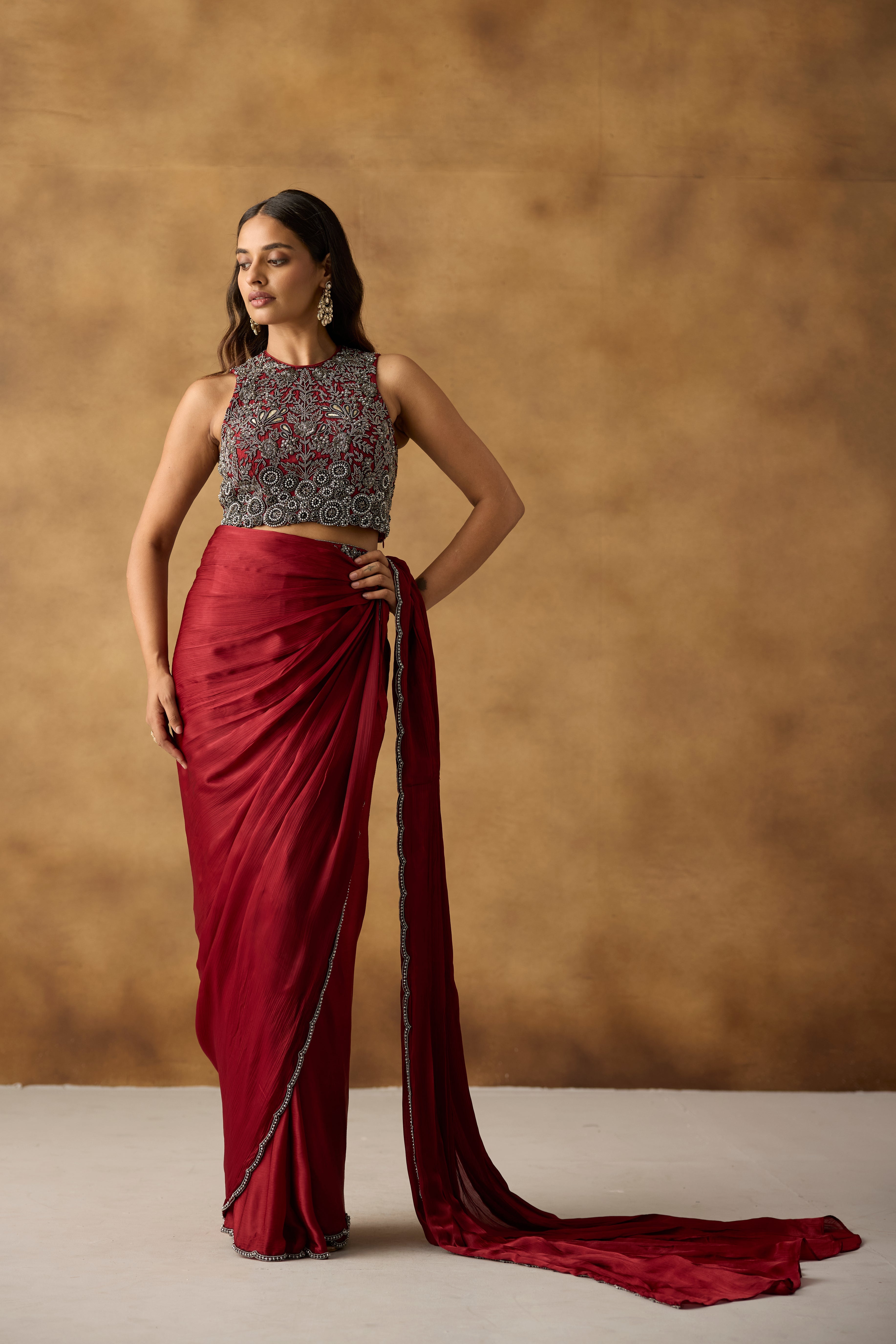 Deep Red Embellished Satin Silk Draped Saree