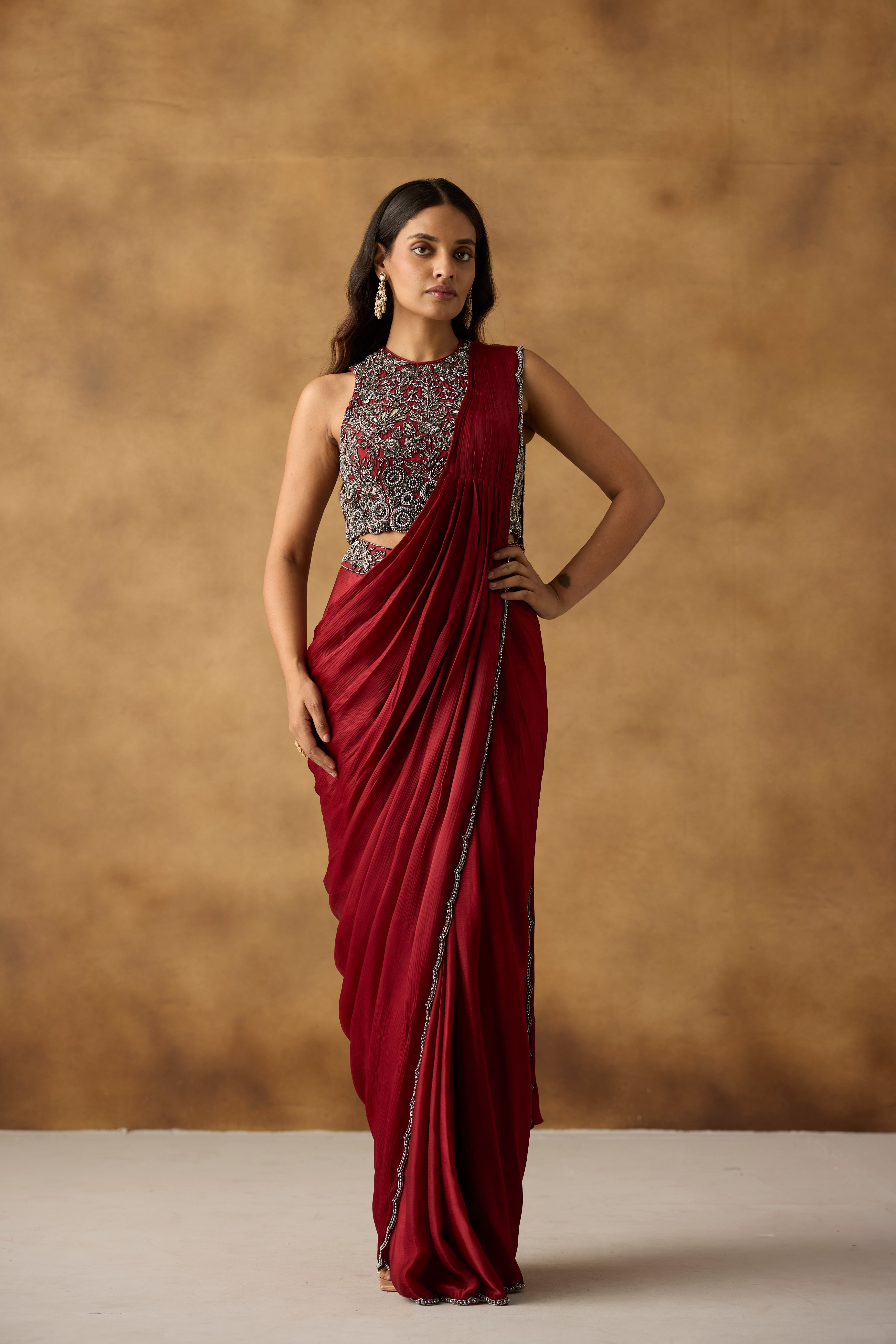 Deep Red Embellished Satin Silk Draped Saree