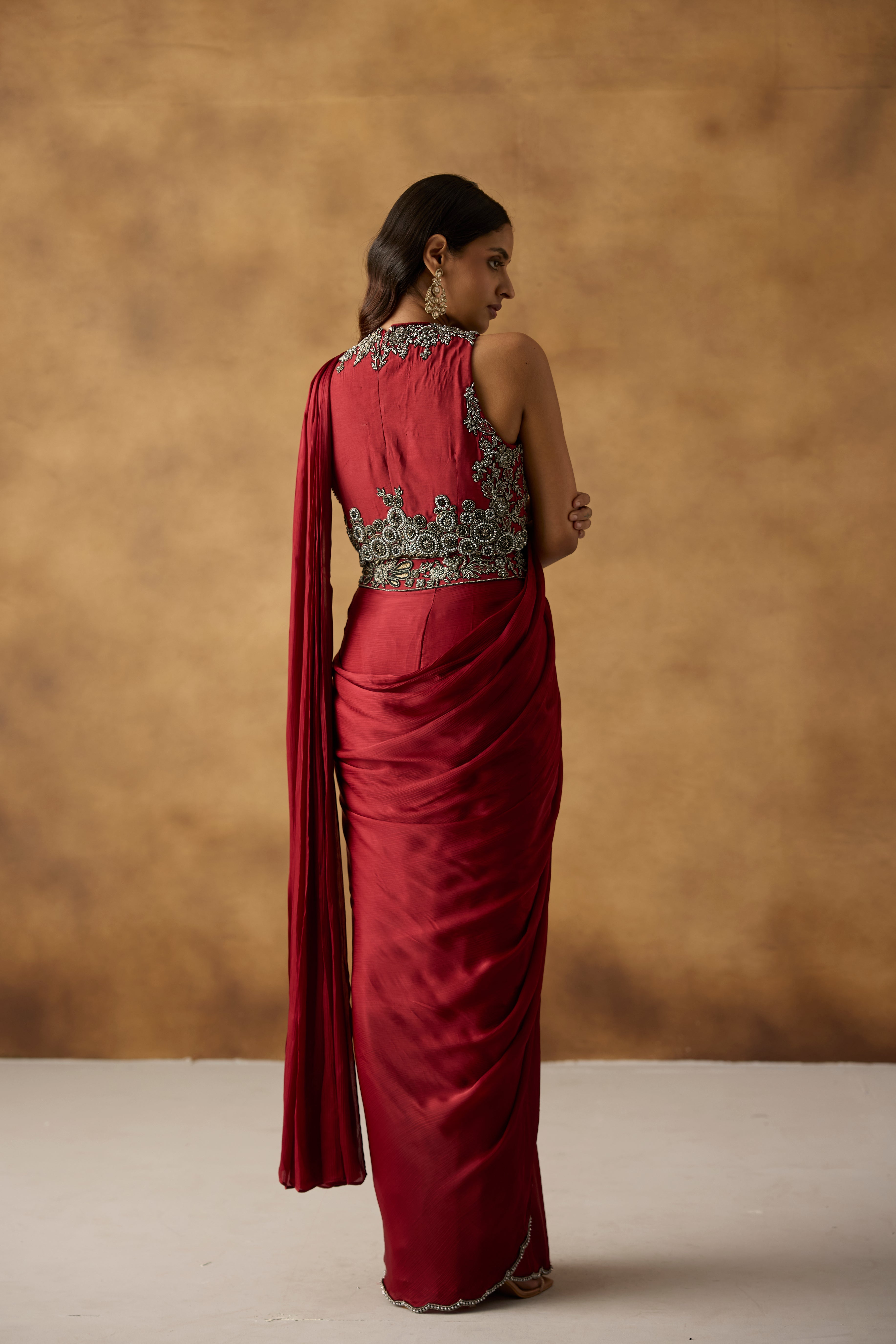 Deep Red Embellished Satin Silk Draped Saree