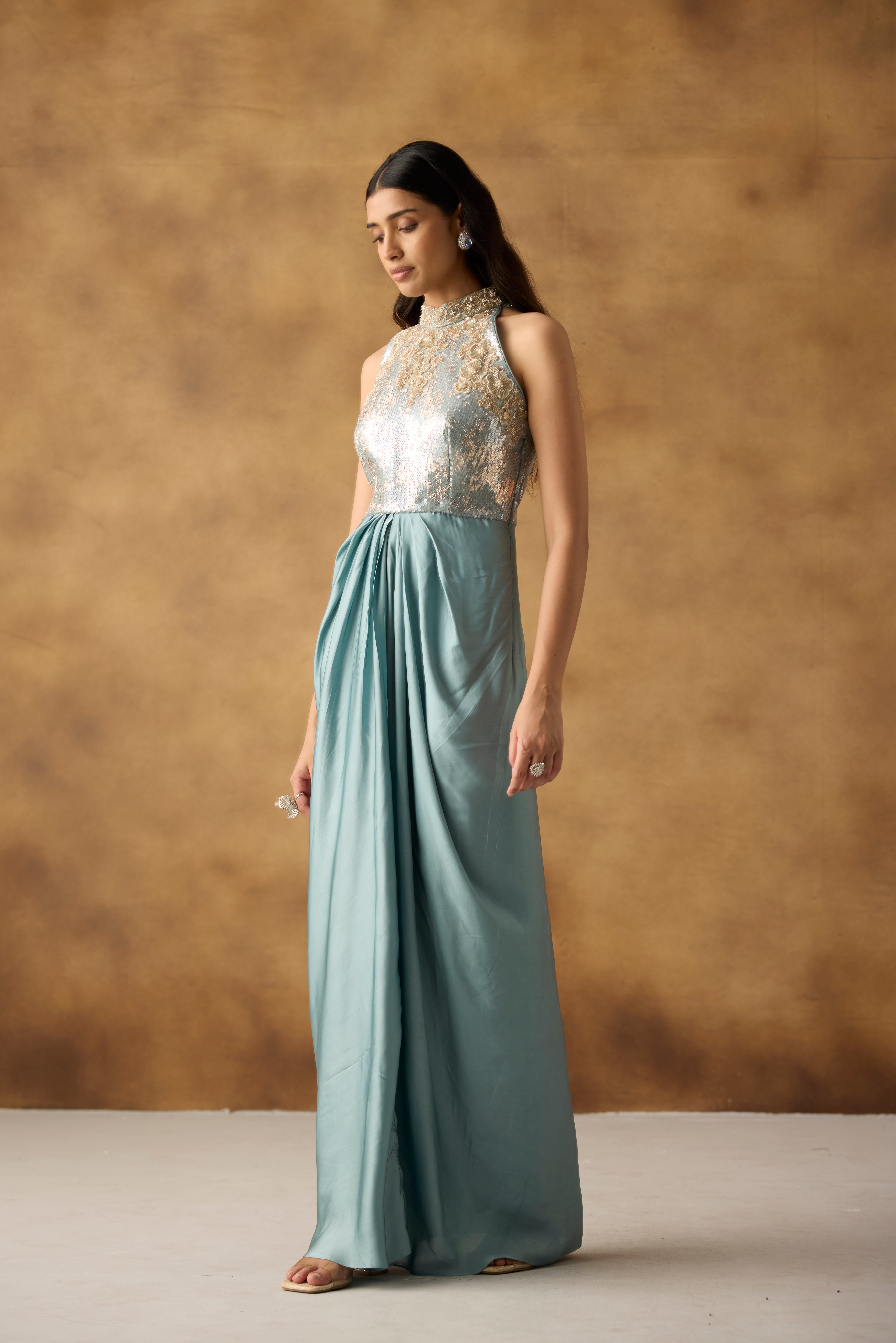 Mist Blue Embellished Satin Silk Dress
