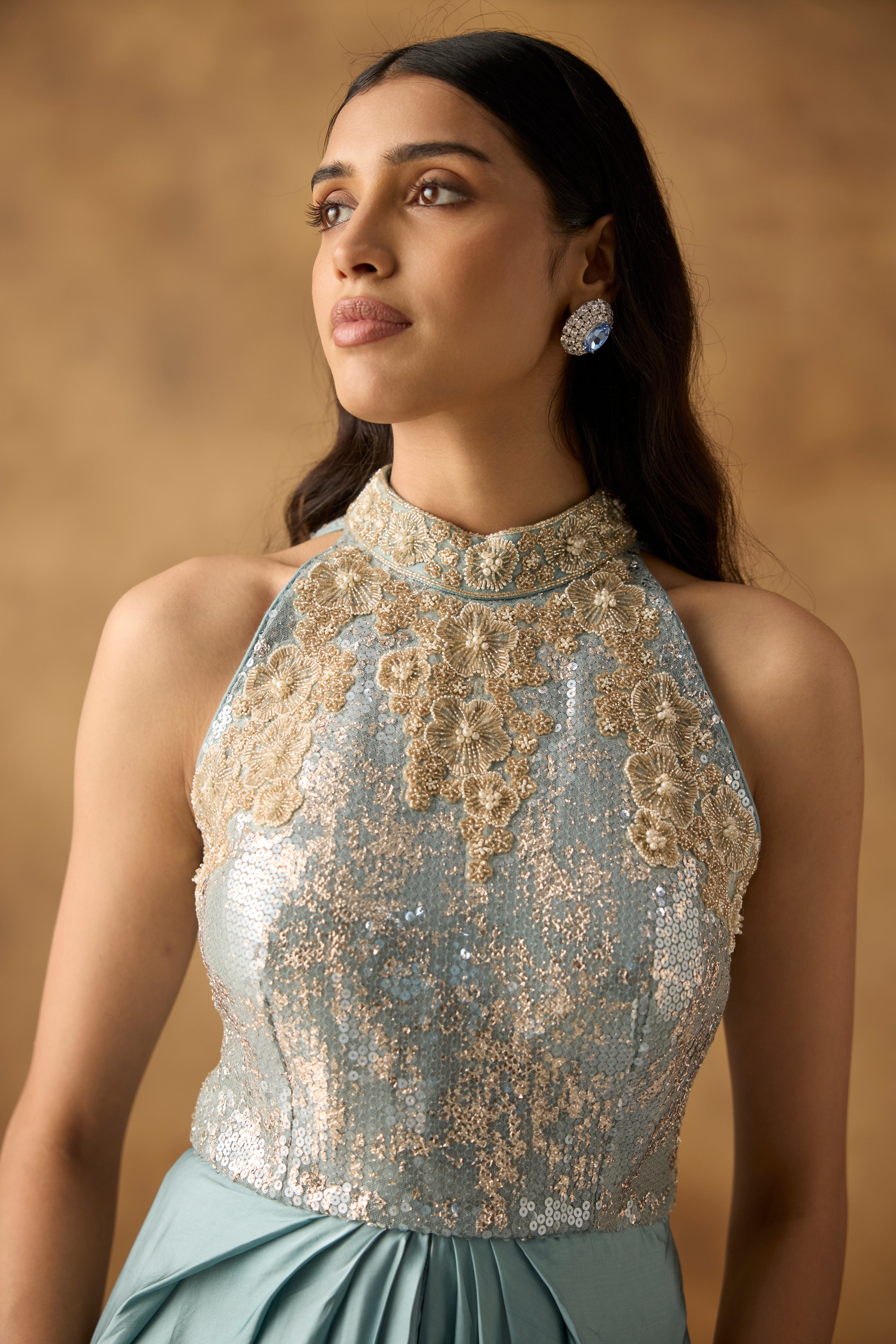 Mist Blue Embellished Satin Silk Dress