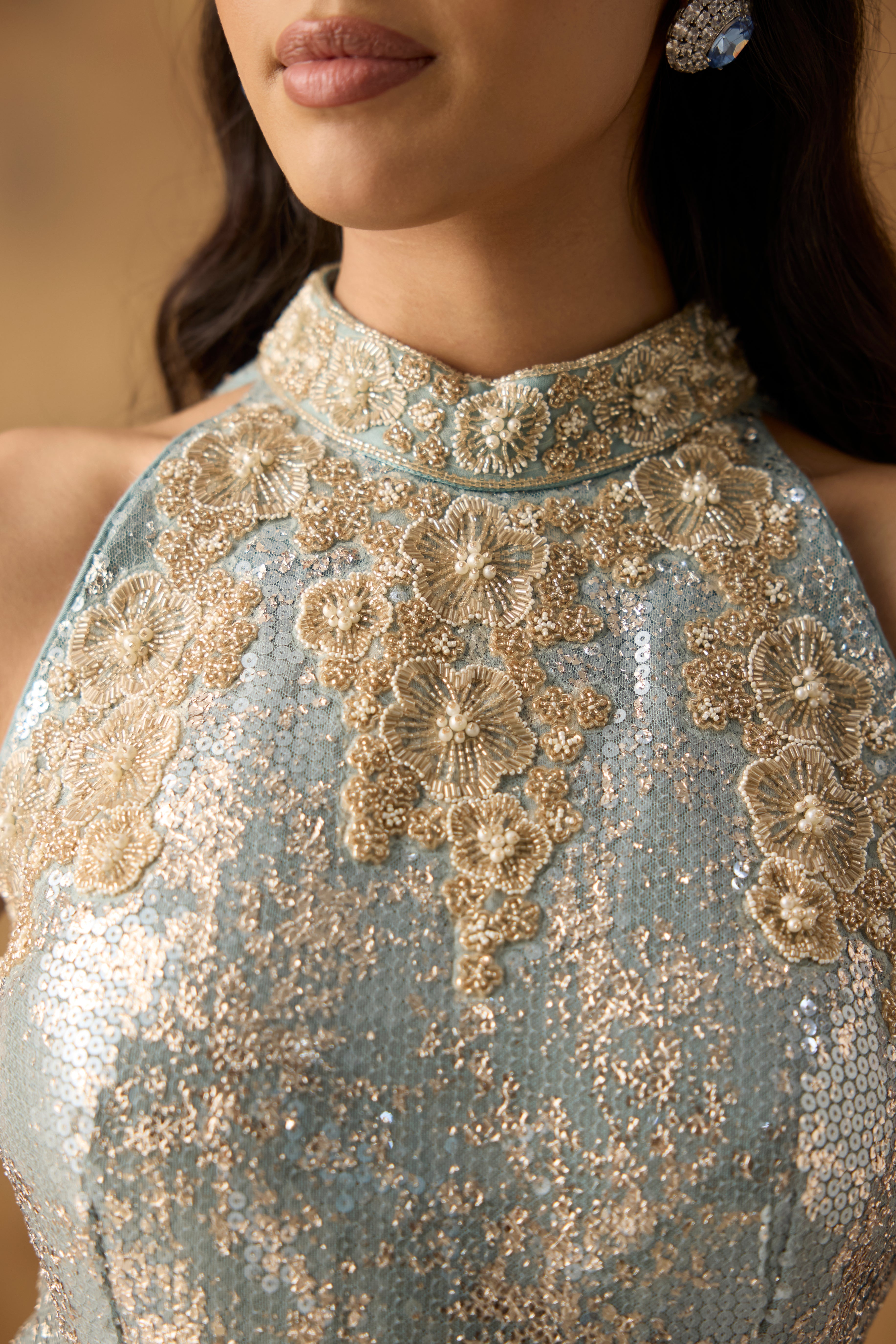 Mist Blue Embellished Satin Silk Dress