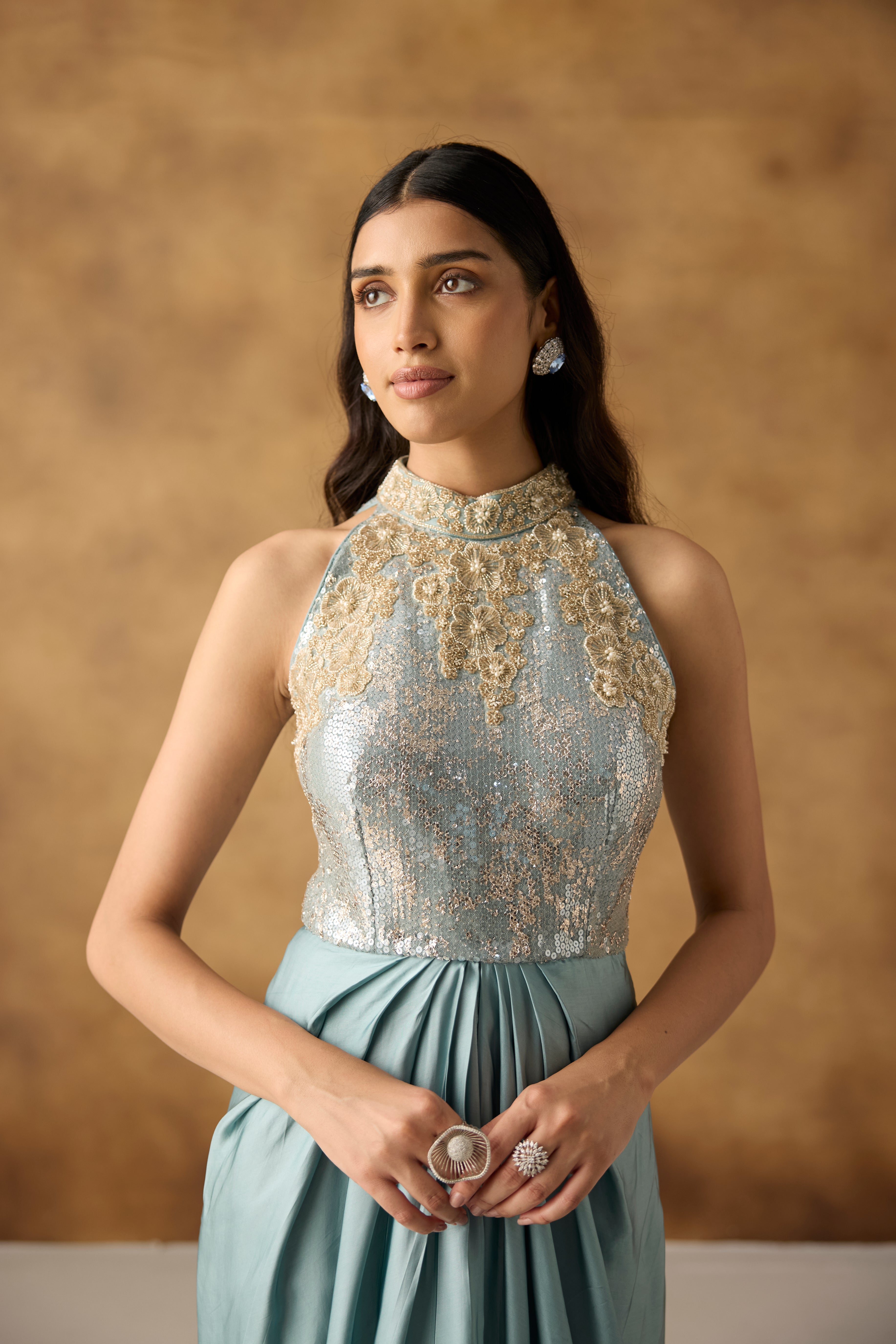 Mist Blue Embellished Satin Silk Dress