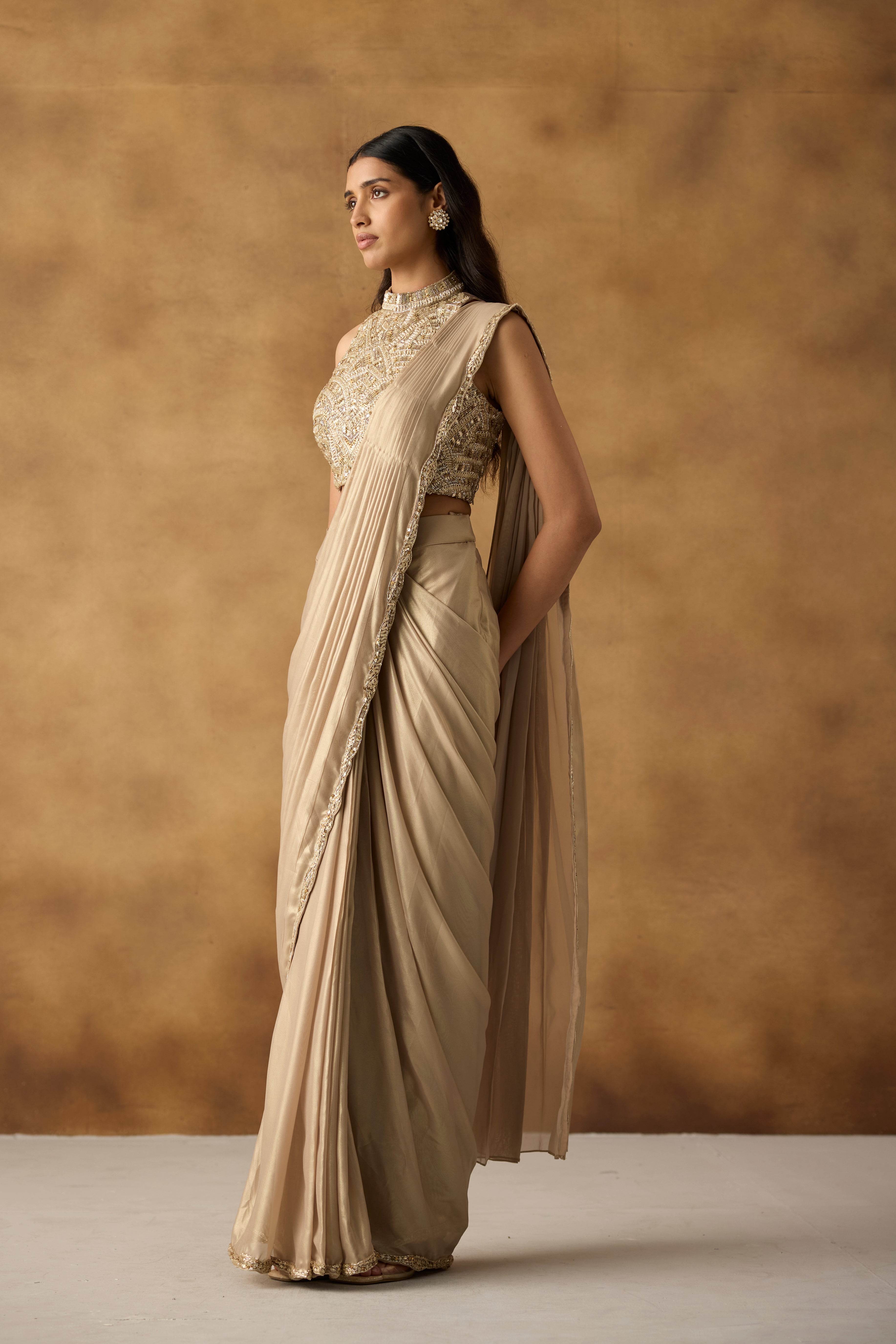 Golden Beige Embellished Shimmer Silk Draped Saree