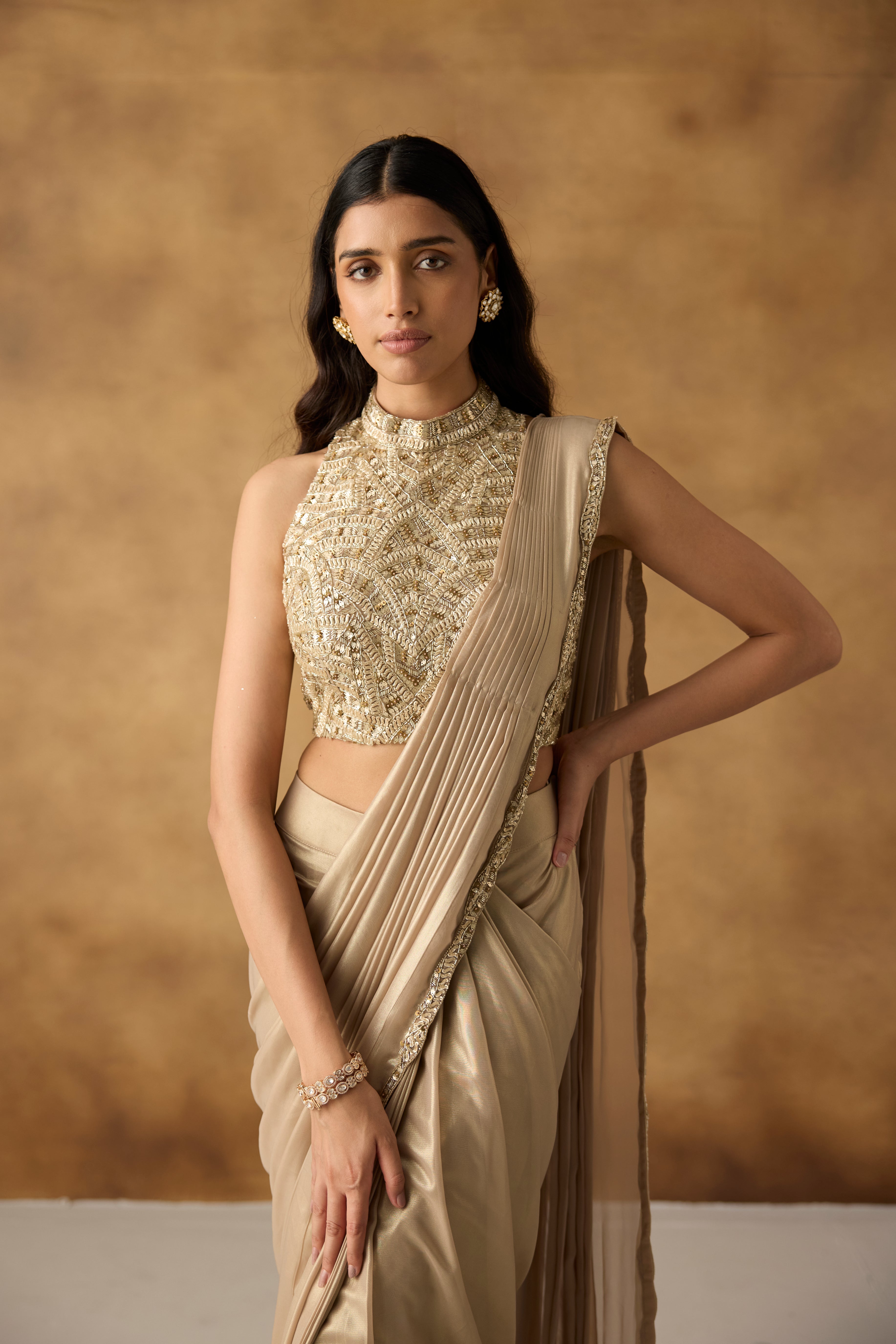 Golden Beige Embellished Shimmer Silk Draped Saree