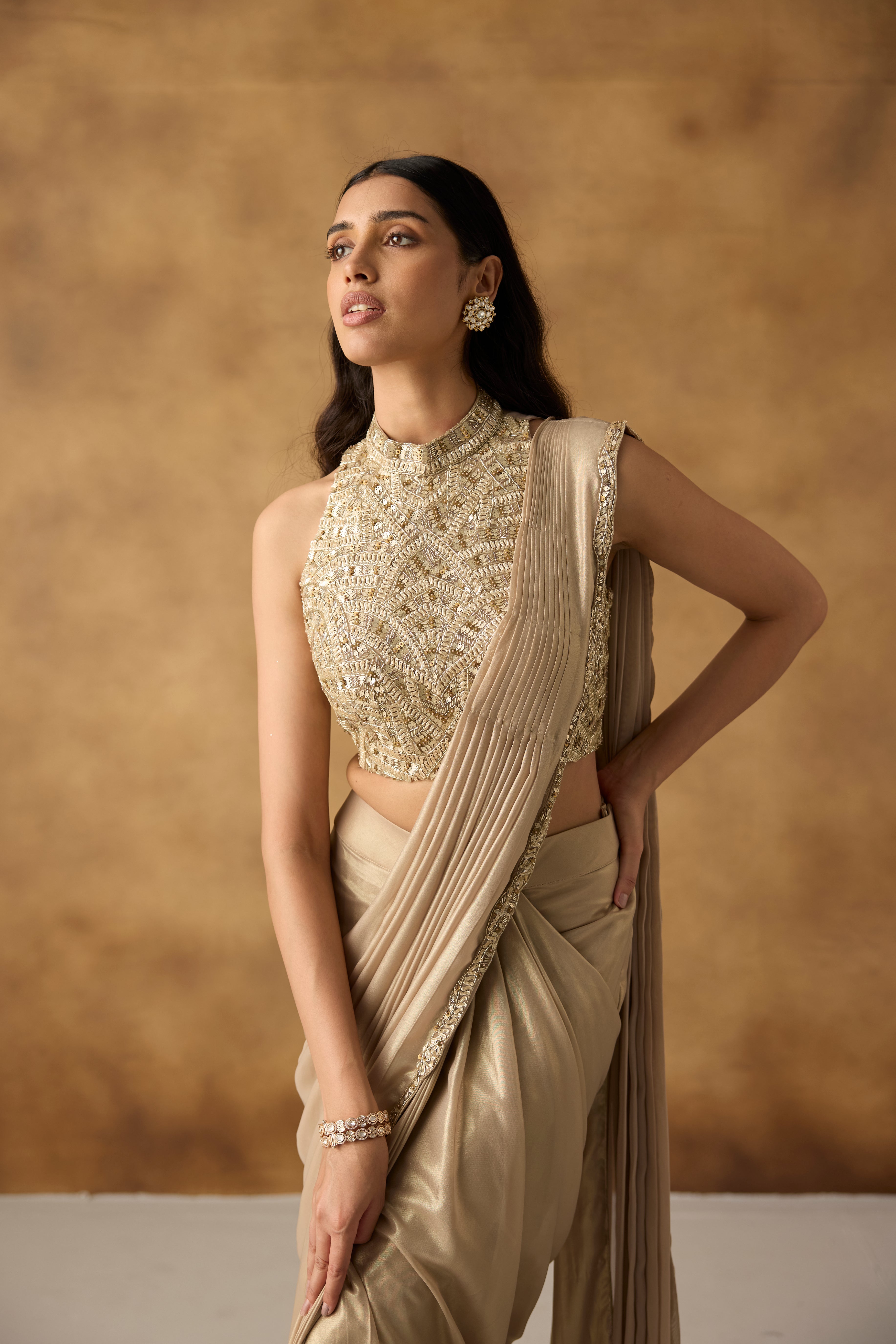 Golden Beige Embellished Shimmer Silk Draped Saree