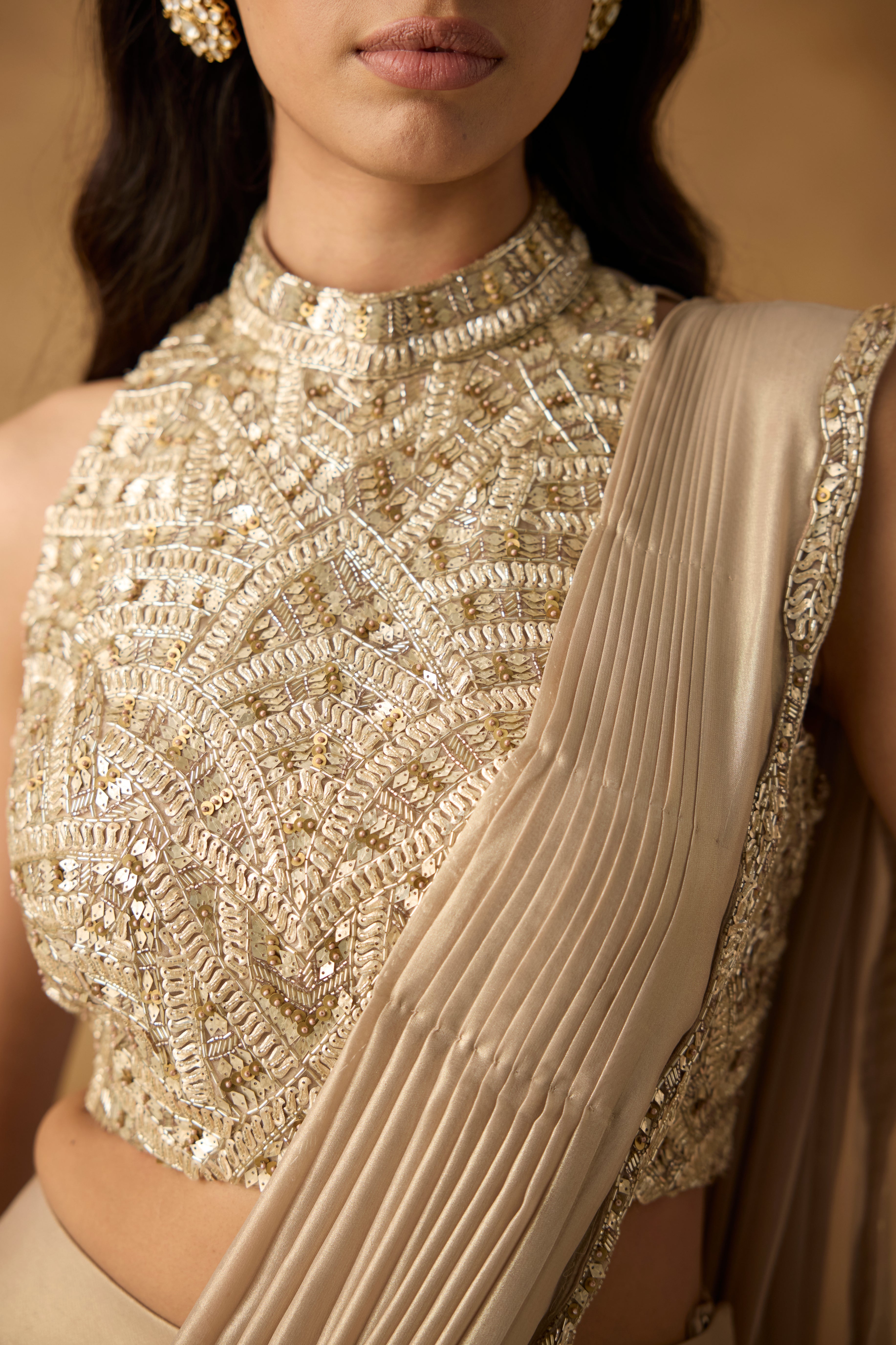 Golden Beige Embellished Shimmer Silk Draped Saree