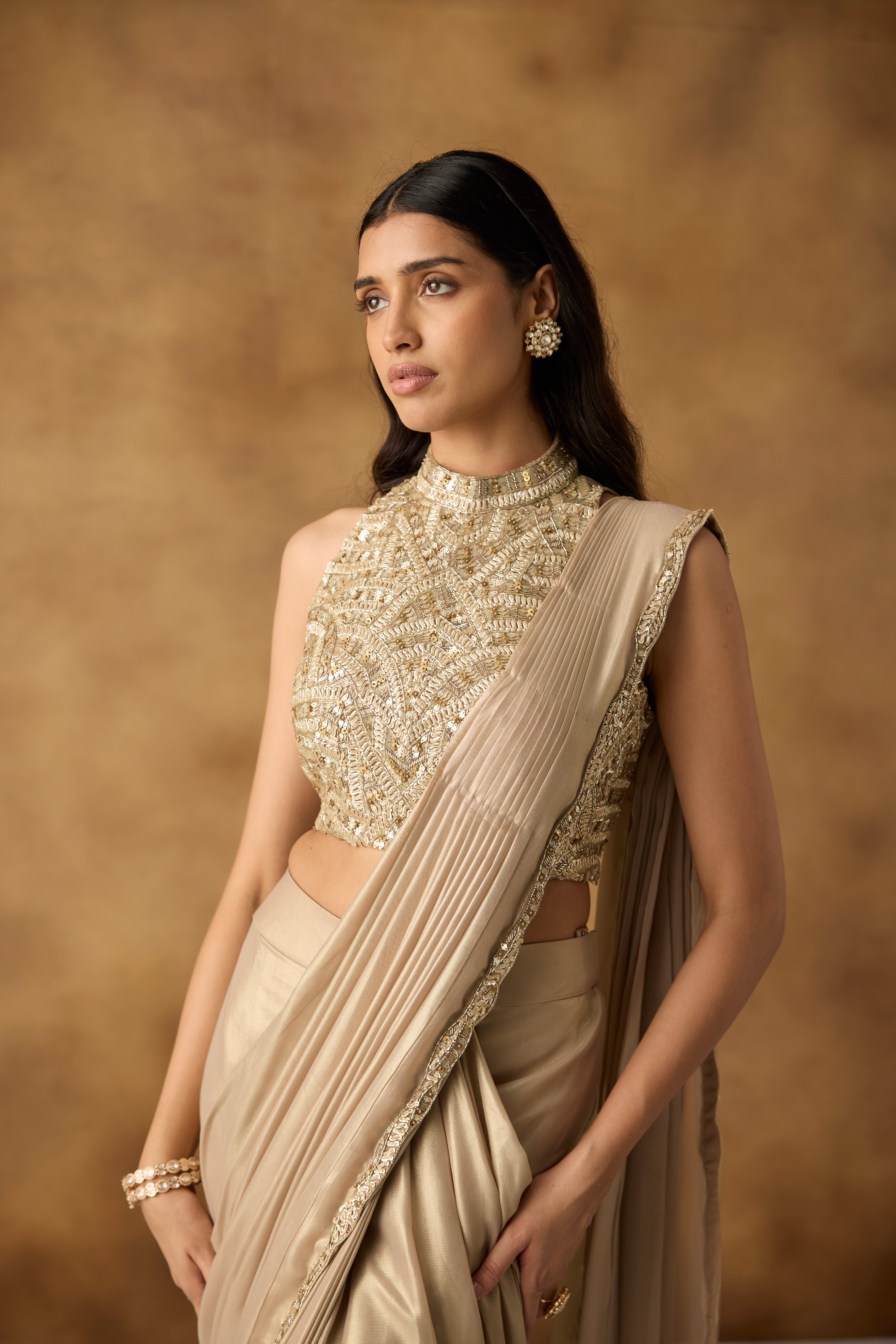 Golden Beige Embellished Shimmer Silk Draped Saree