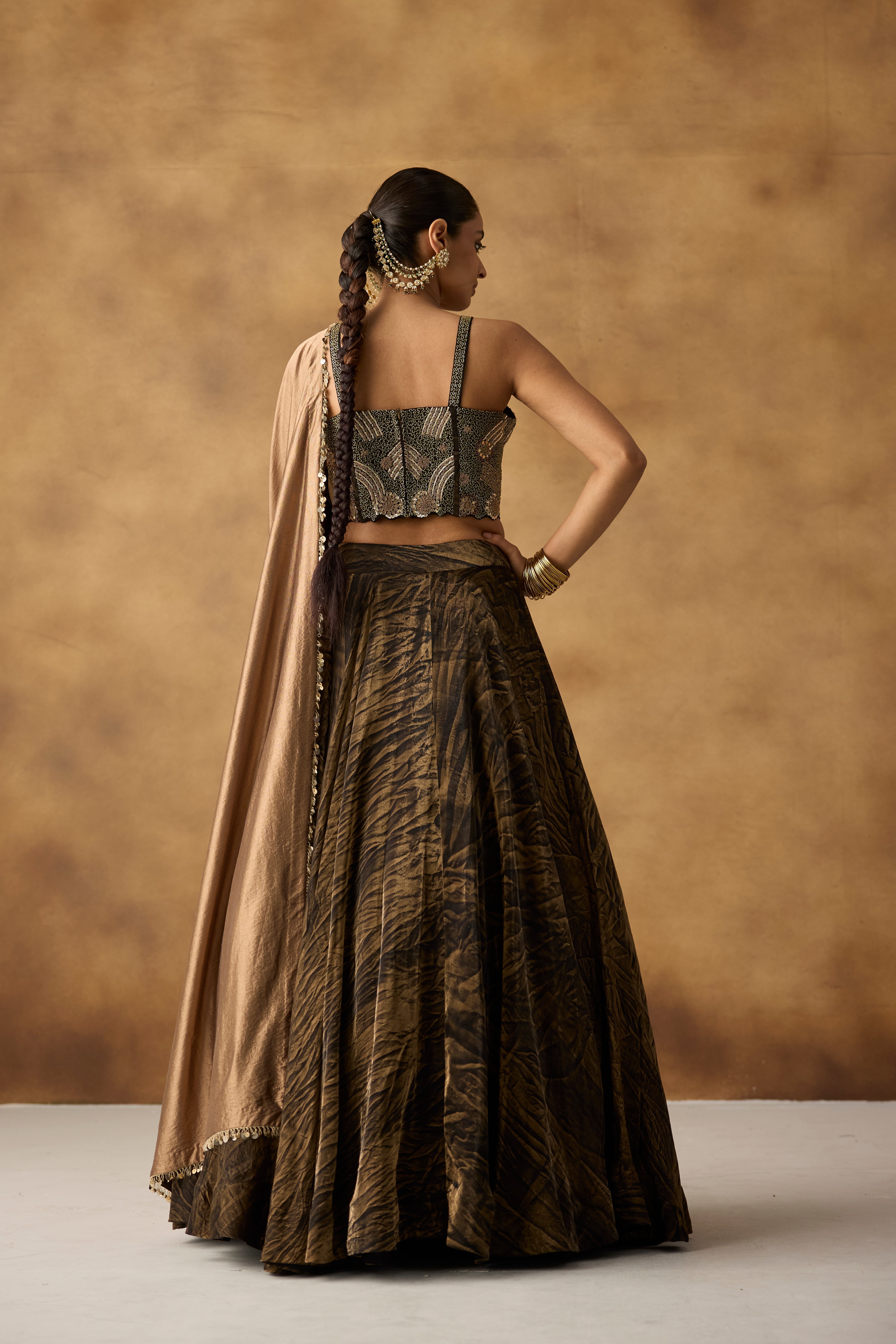 Copper Brown Embellished Satin Silk Lehenga Set