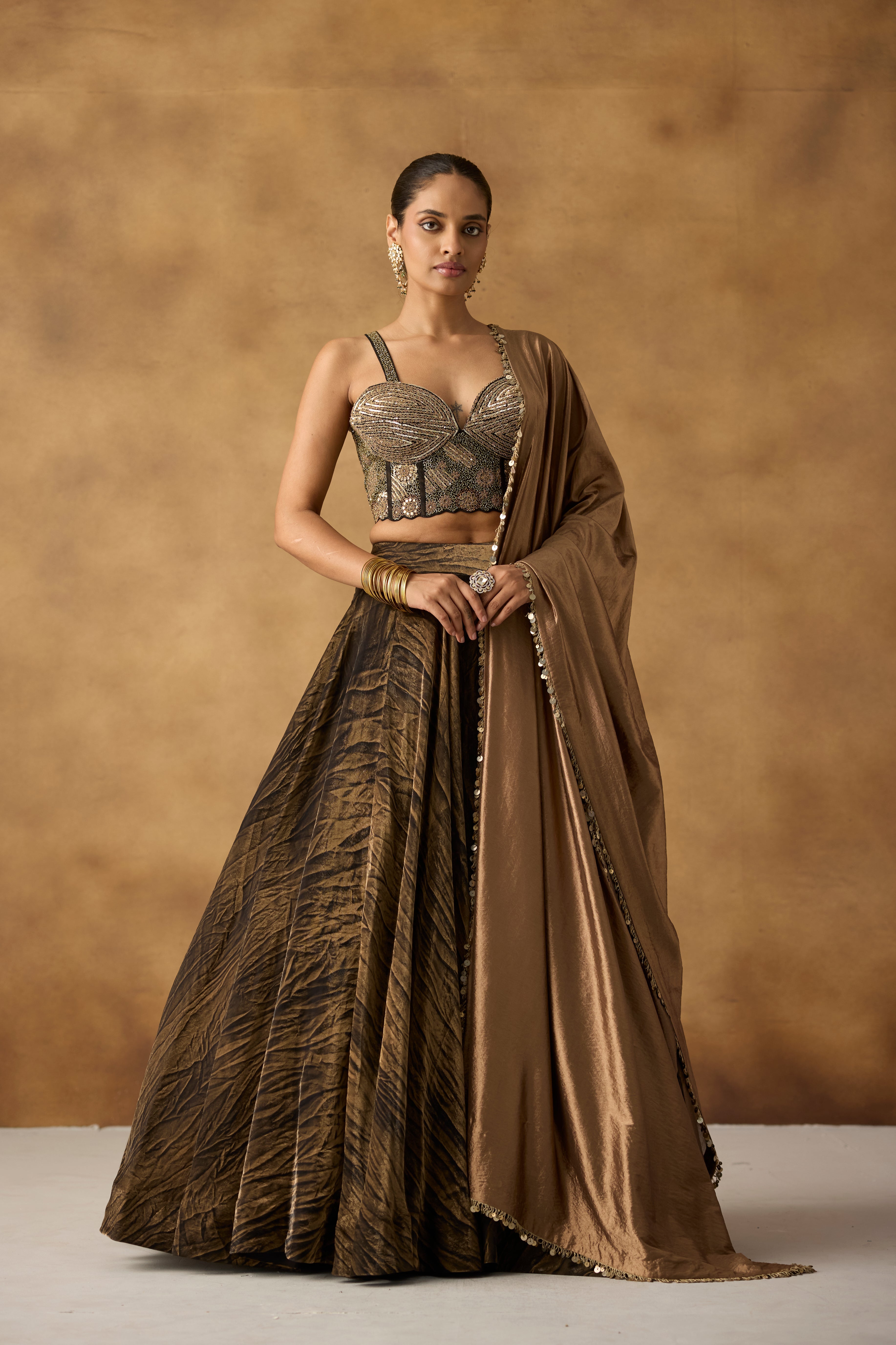 Copper Brown Embellished Satin Silk Lehenga Set