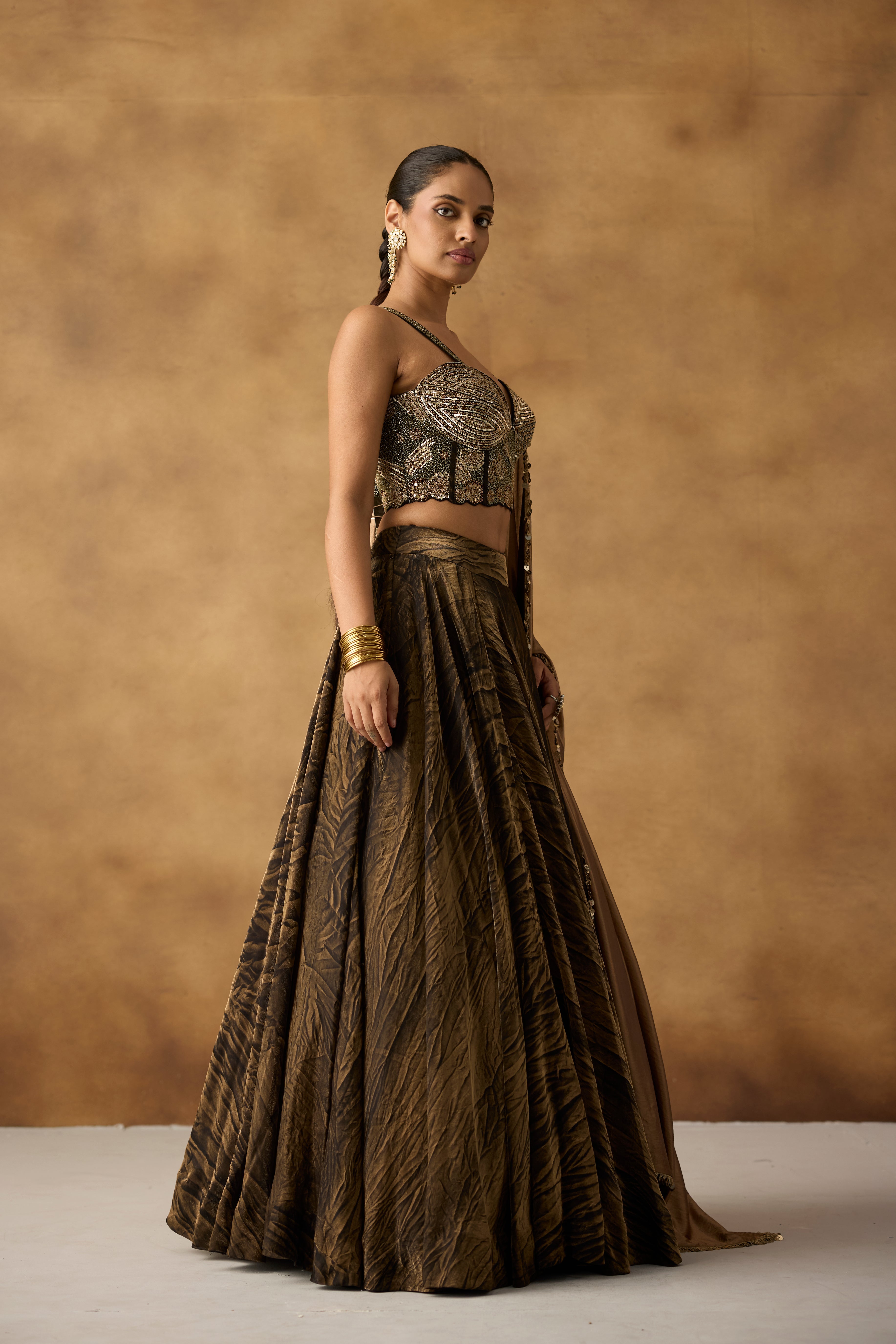 Copper Brown Embellished Satin Silk Lehenga Set