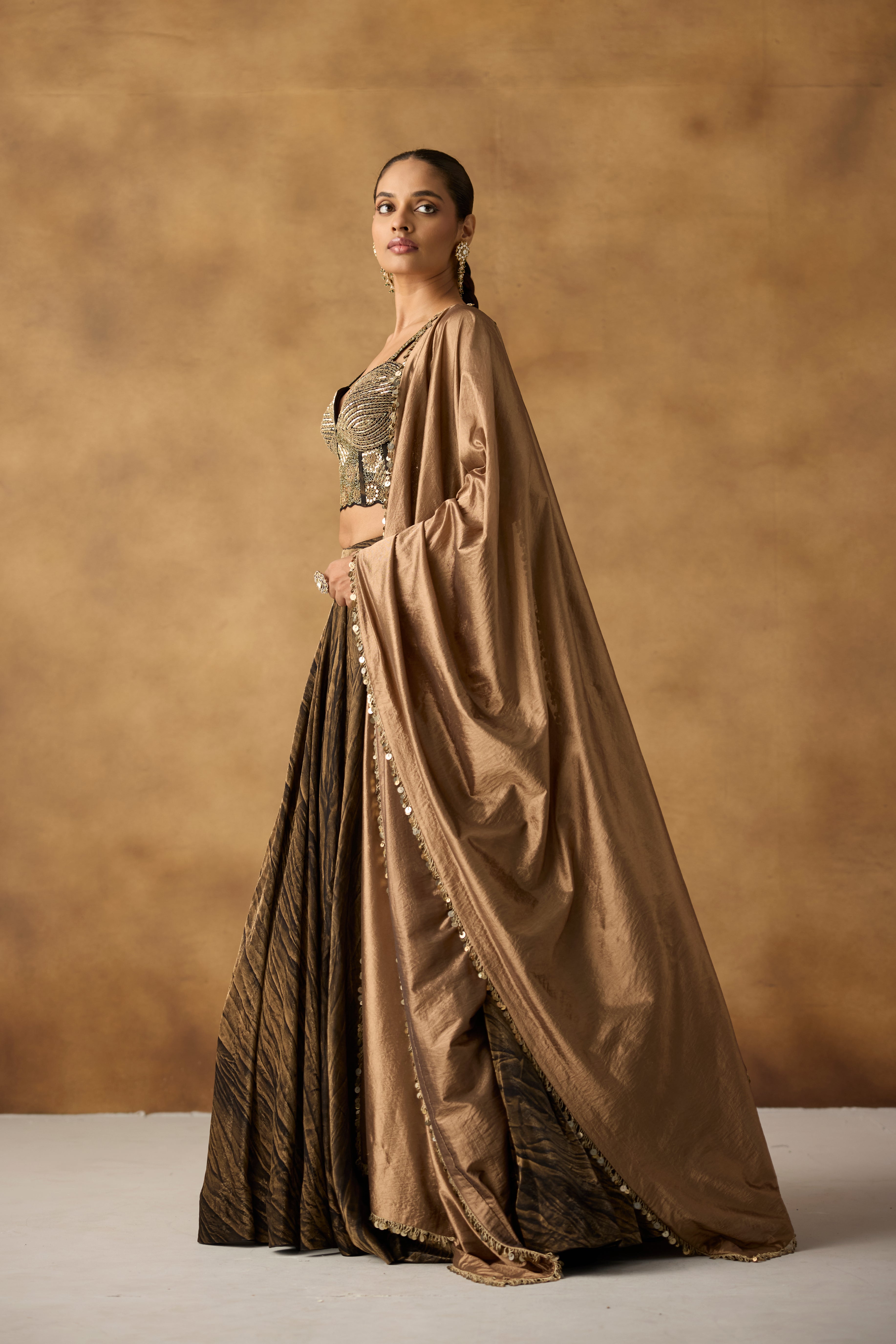 Copper Brown Embellished Satin Silk Lehenga Set