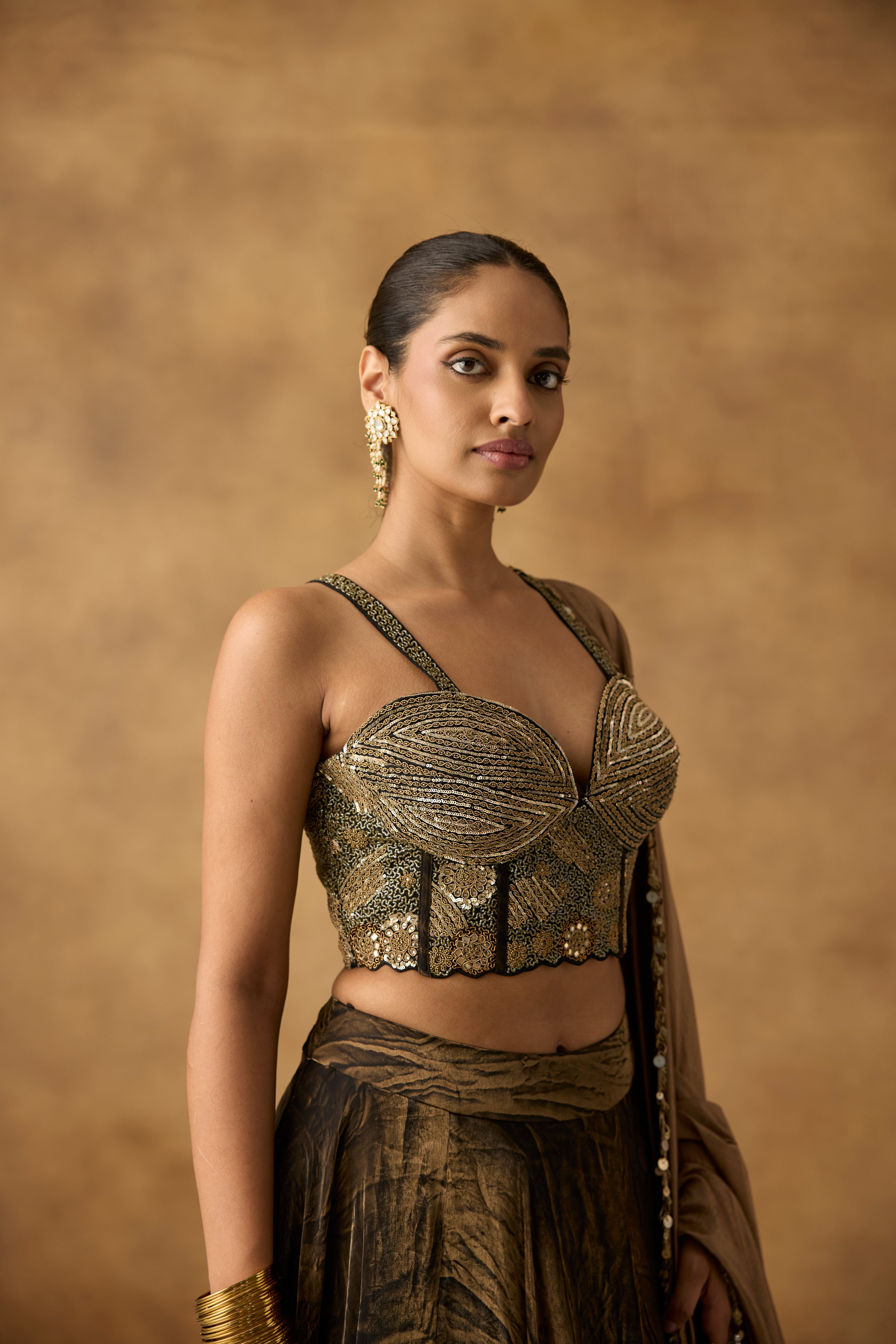 Copper Brown Embellished Satin Silk Lehenga Set