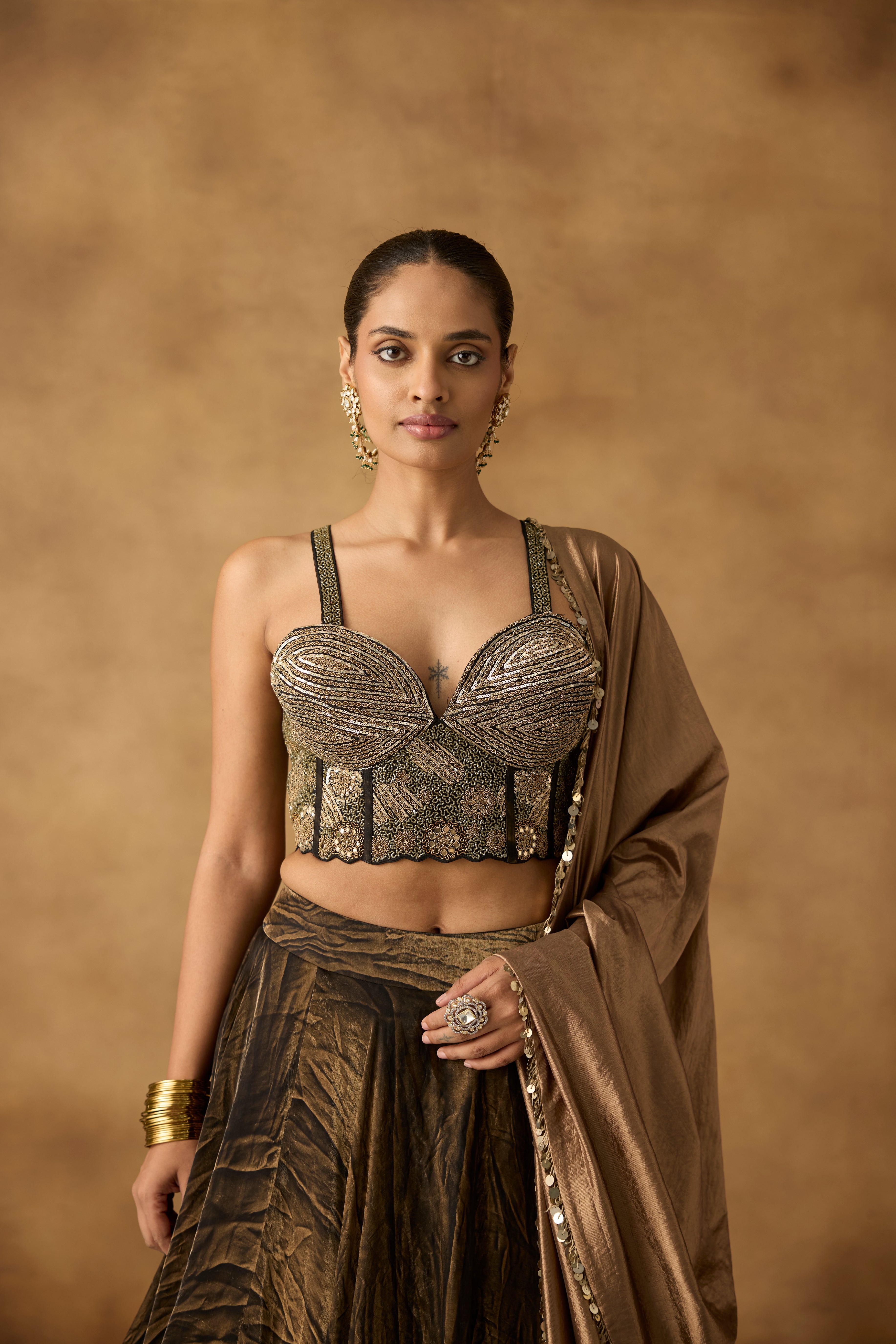 Copper Brown Embellished Satin Silk Lehenga Set